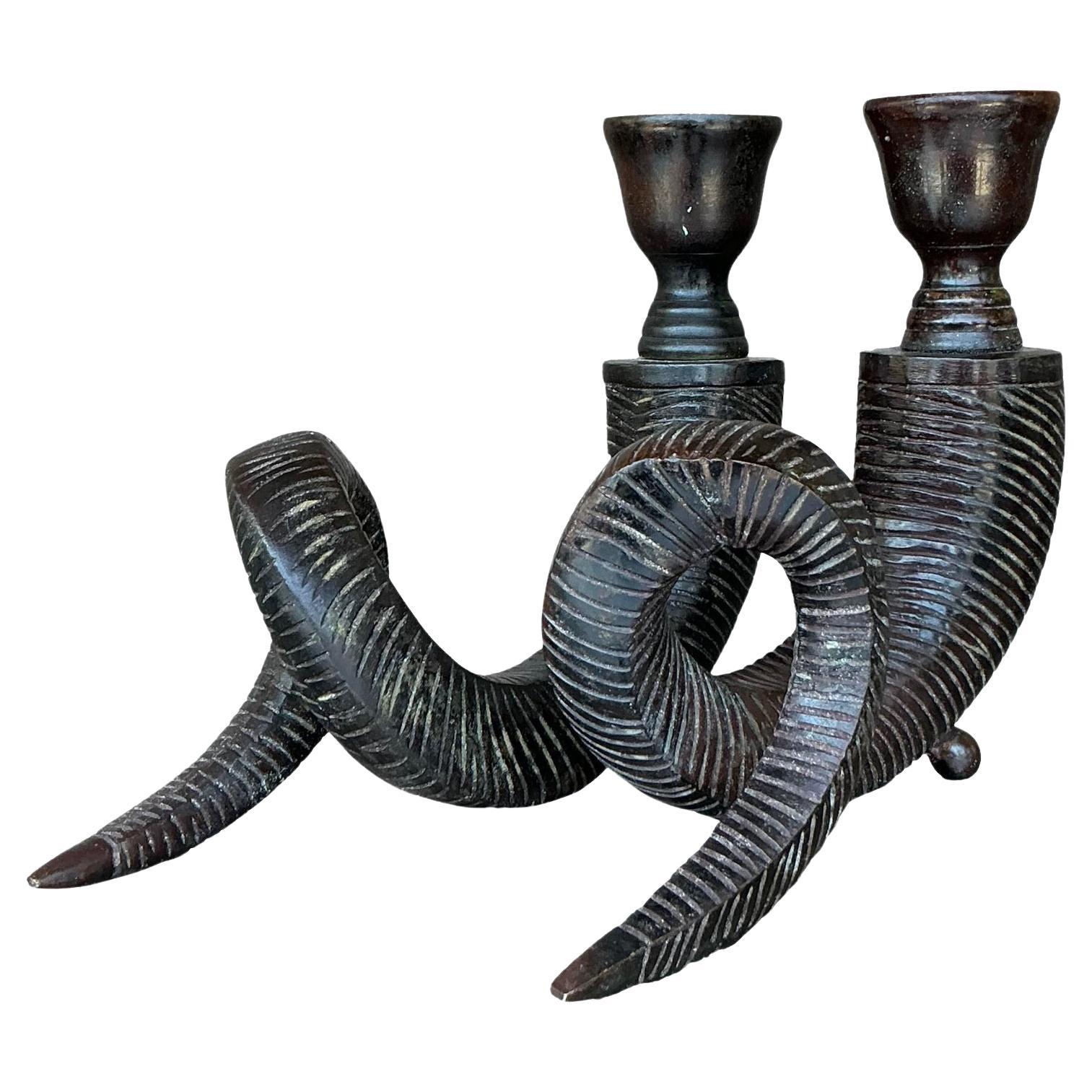 Vintage Boho Patinated Metal Curly Horn Candlesticks - A Pair