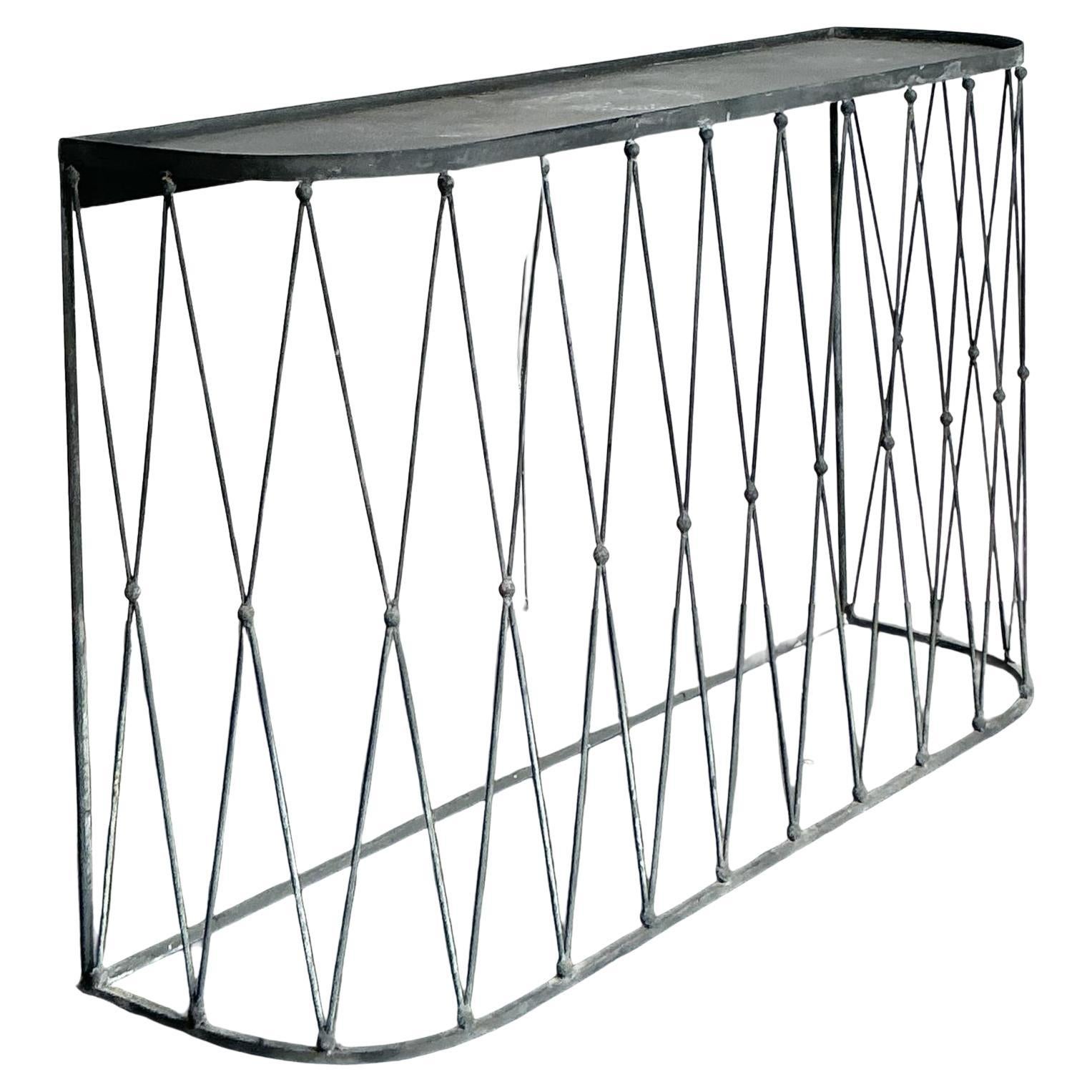 Vintage Boho Patinated Metal Demilune Console Table For Sale