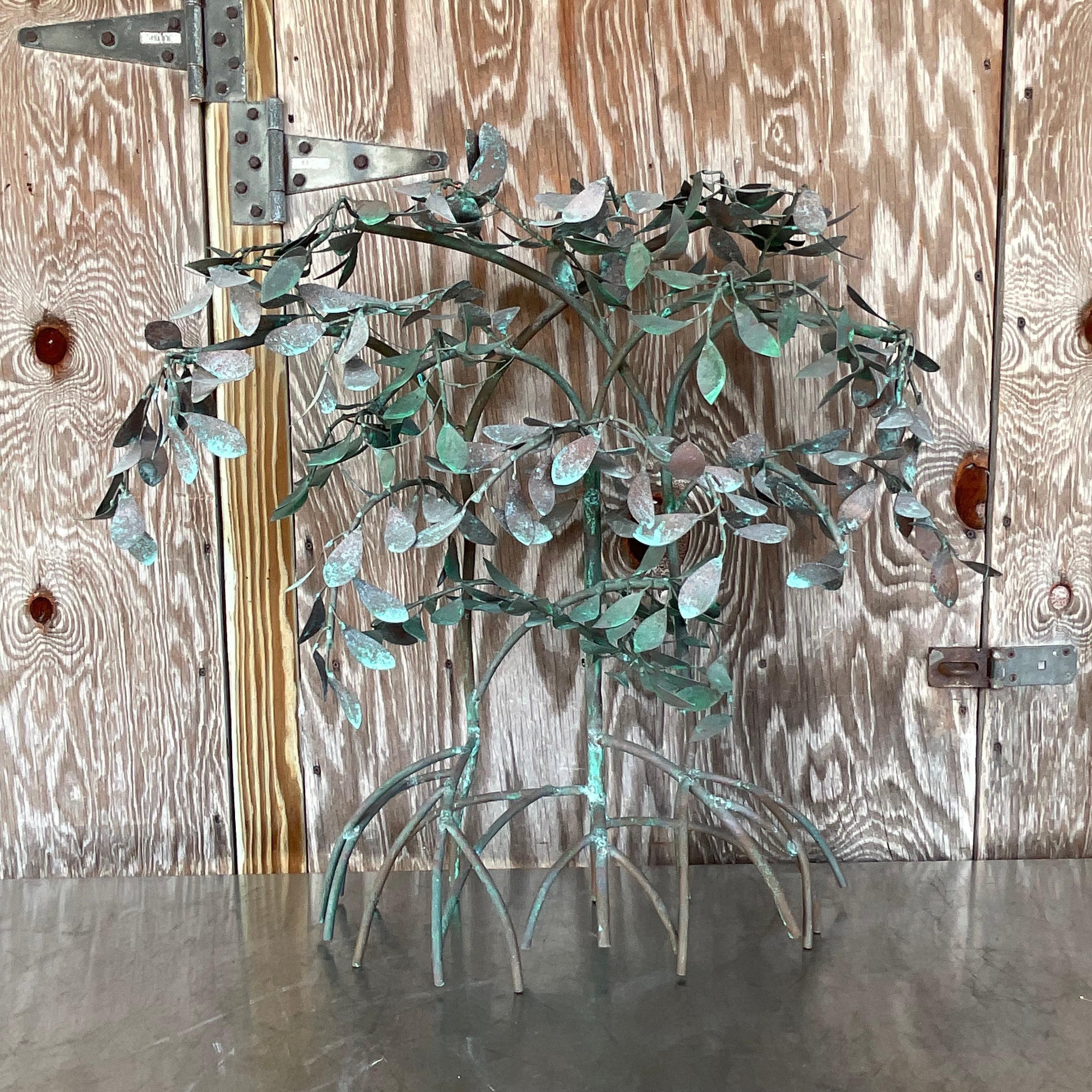 Bohemian Vintage Boho Patinated Metal Mangrove Wall Sculpture For Sale