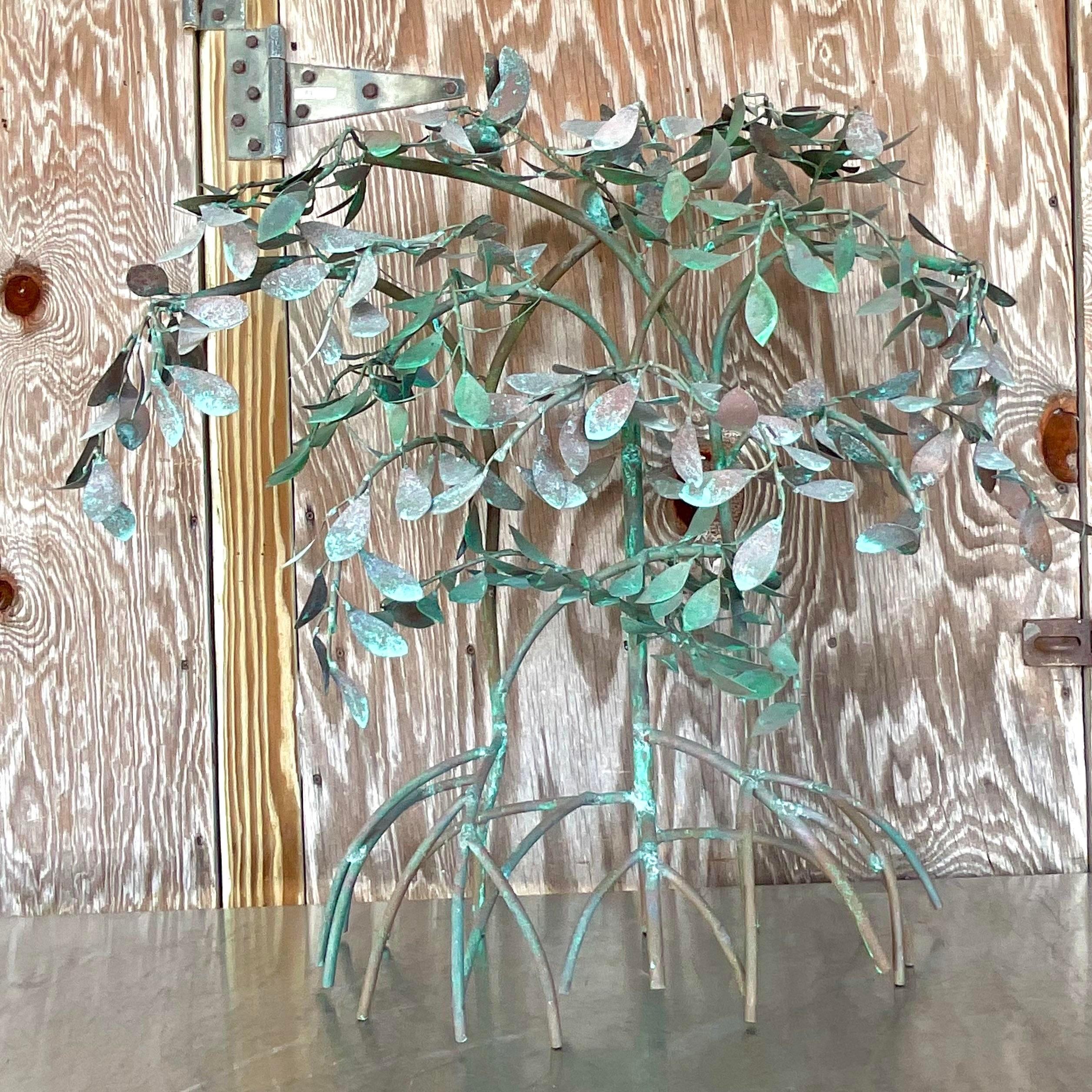 Vintage Boho Patinated Metal Mangrove Wall Sculpture In Good Condition For Sale In west palm beach, FL