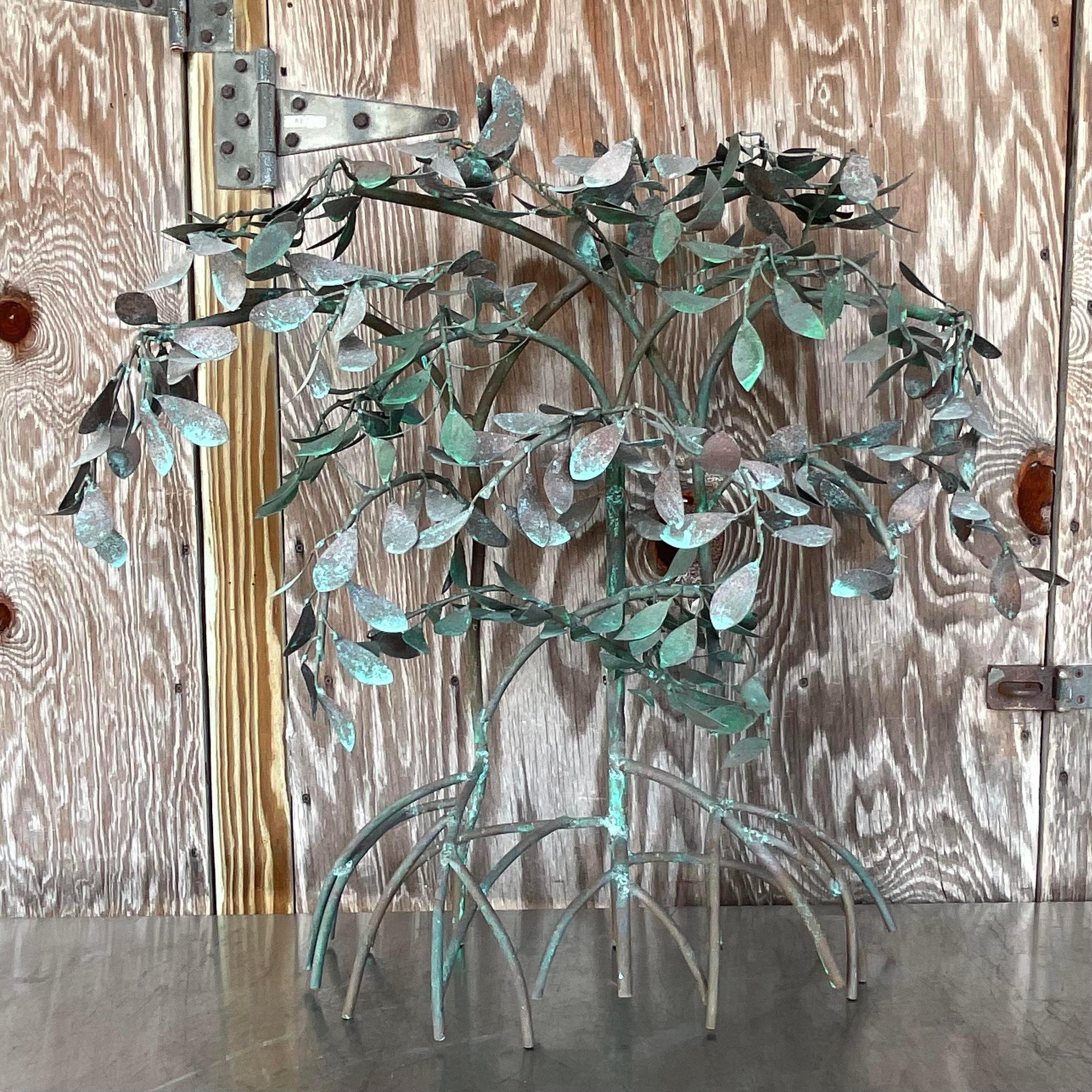 Vintage Boho Patinated Metal Mangrove Wall Sculpture For Sale 1