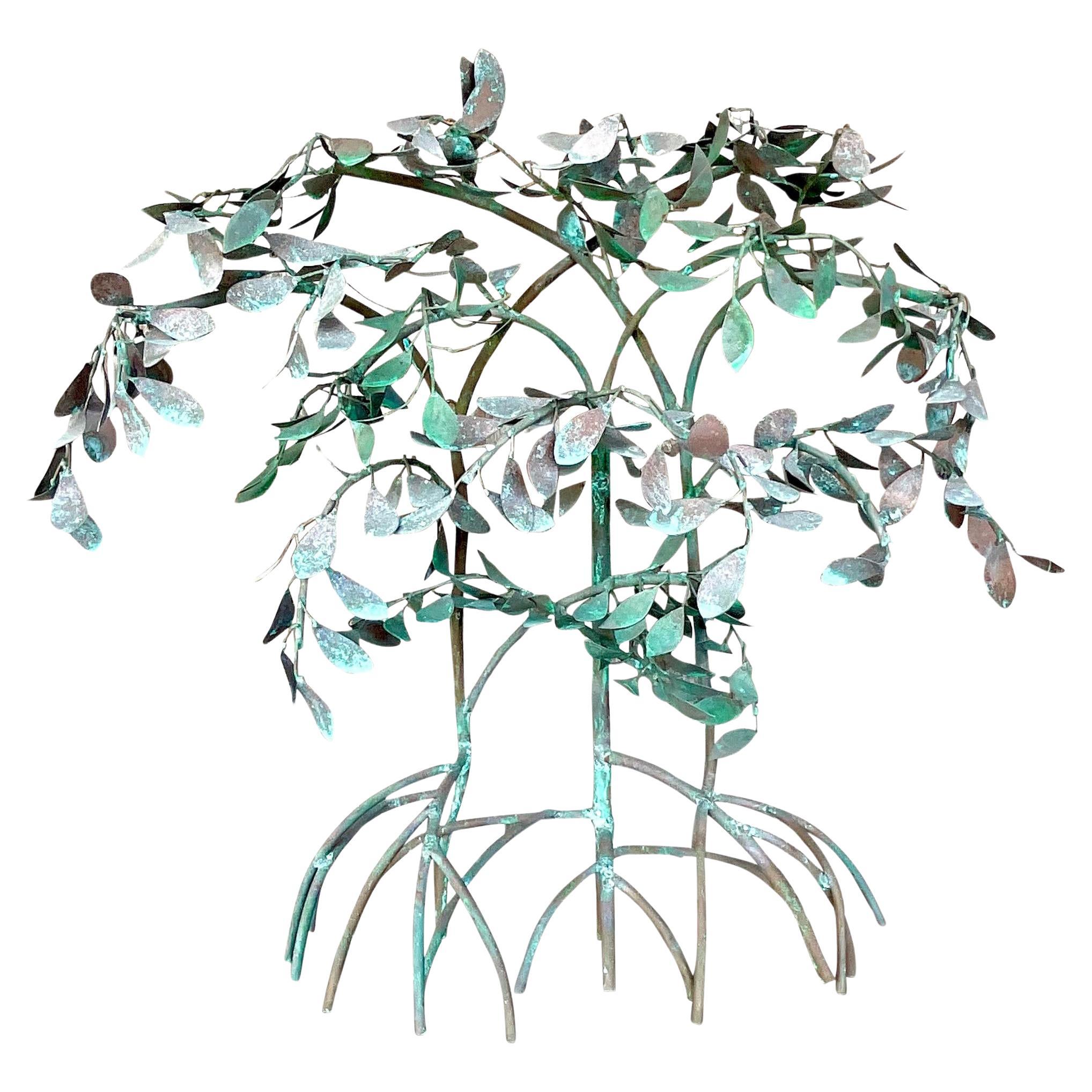 Vintage Boho Patinated Metal Mangrove Wall Sculpture