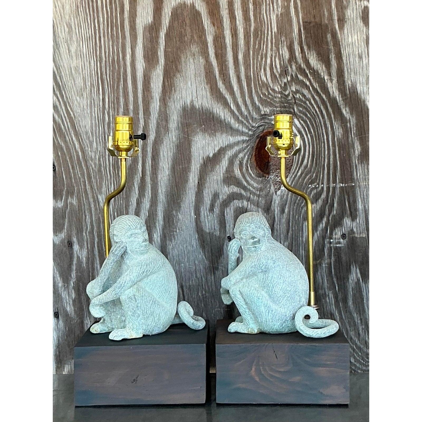 Métal Paire de lampes vintage Boho en métal patiné Monkeys en vente