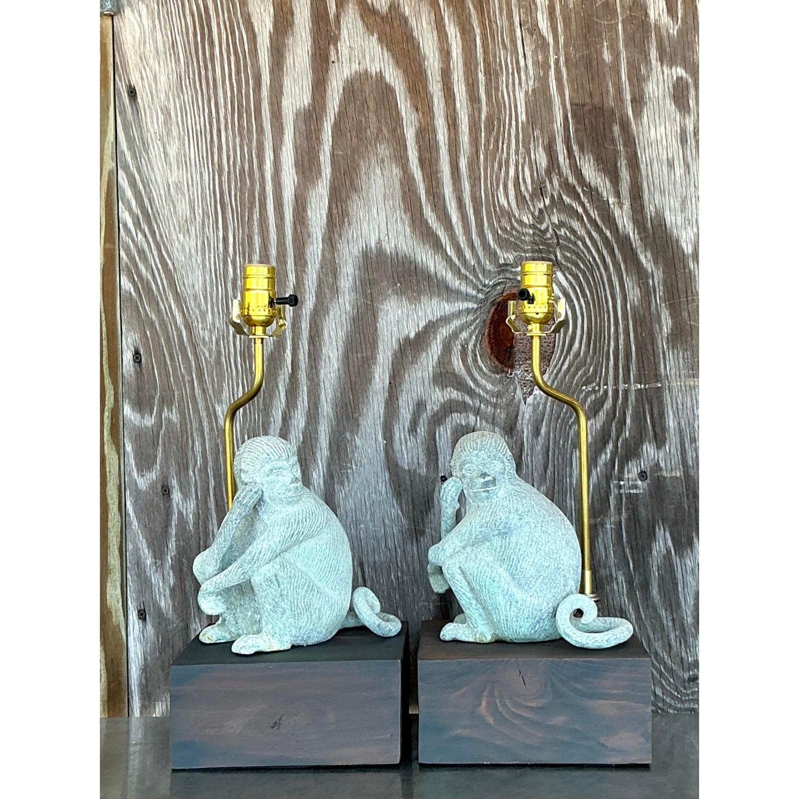 Paire de lampes vintage Boho en métal patiné Monkeys en vente 2