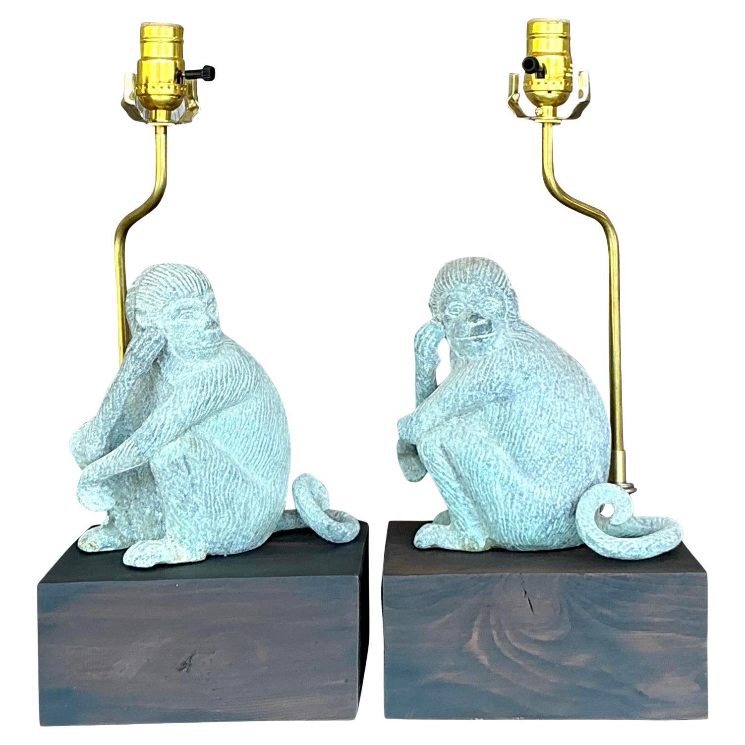 Vintage Boho Patinated Metal Monkeys Lamps - A Pair