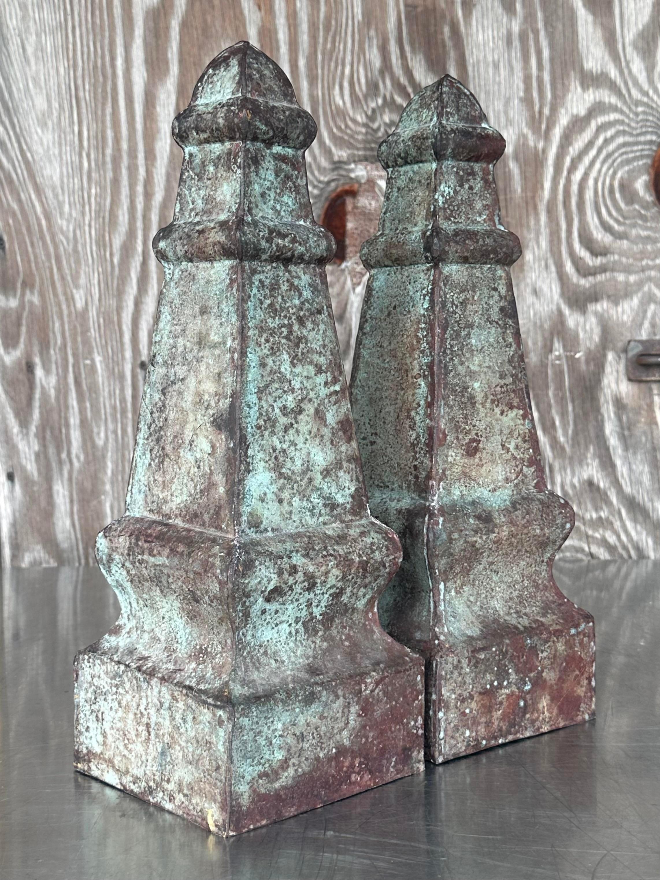 American Vintage Boho Patinated Metal Obelisks - a Pair For Sale