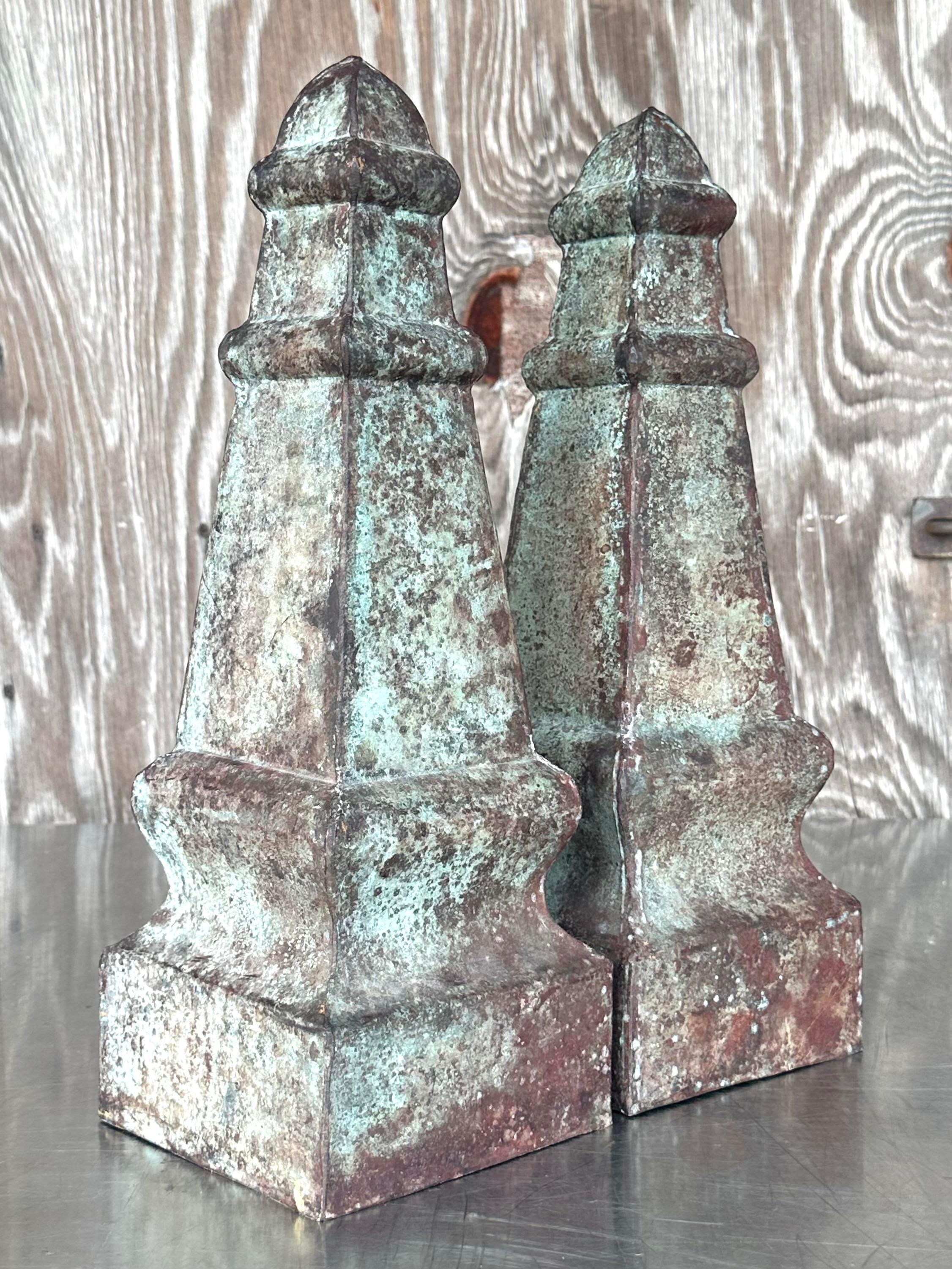 Vintage Boho Patinated Metal Obelisks - a Pair In Good Condition For Sale In west palm beach, FL