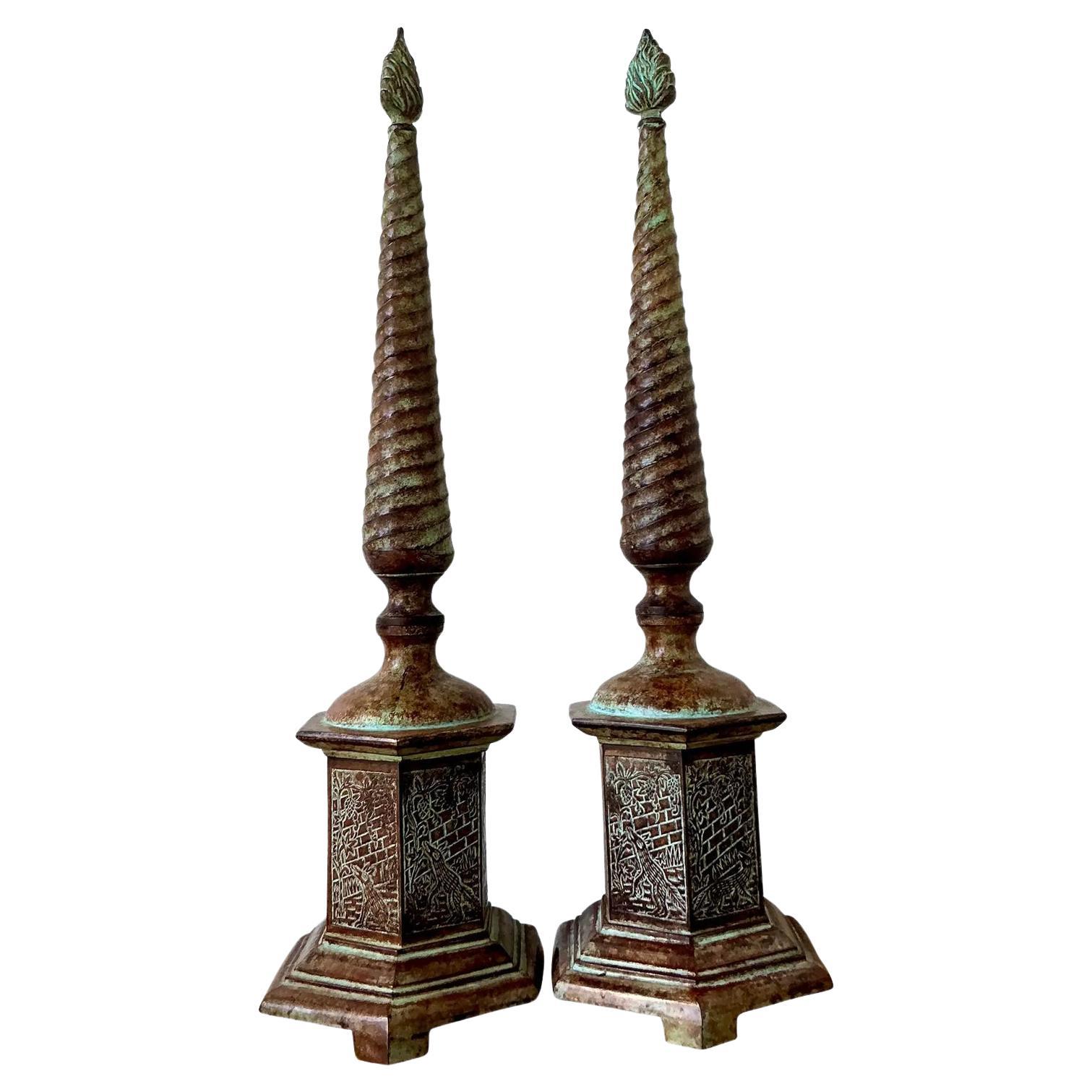 Vintage Boho Patinated Metal Obelisks - A Pair