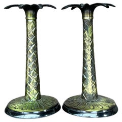 Vintage Boho Patinated Metal Palm Tree Candlesticks - a Pair