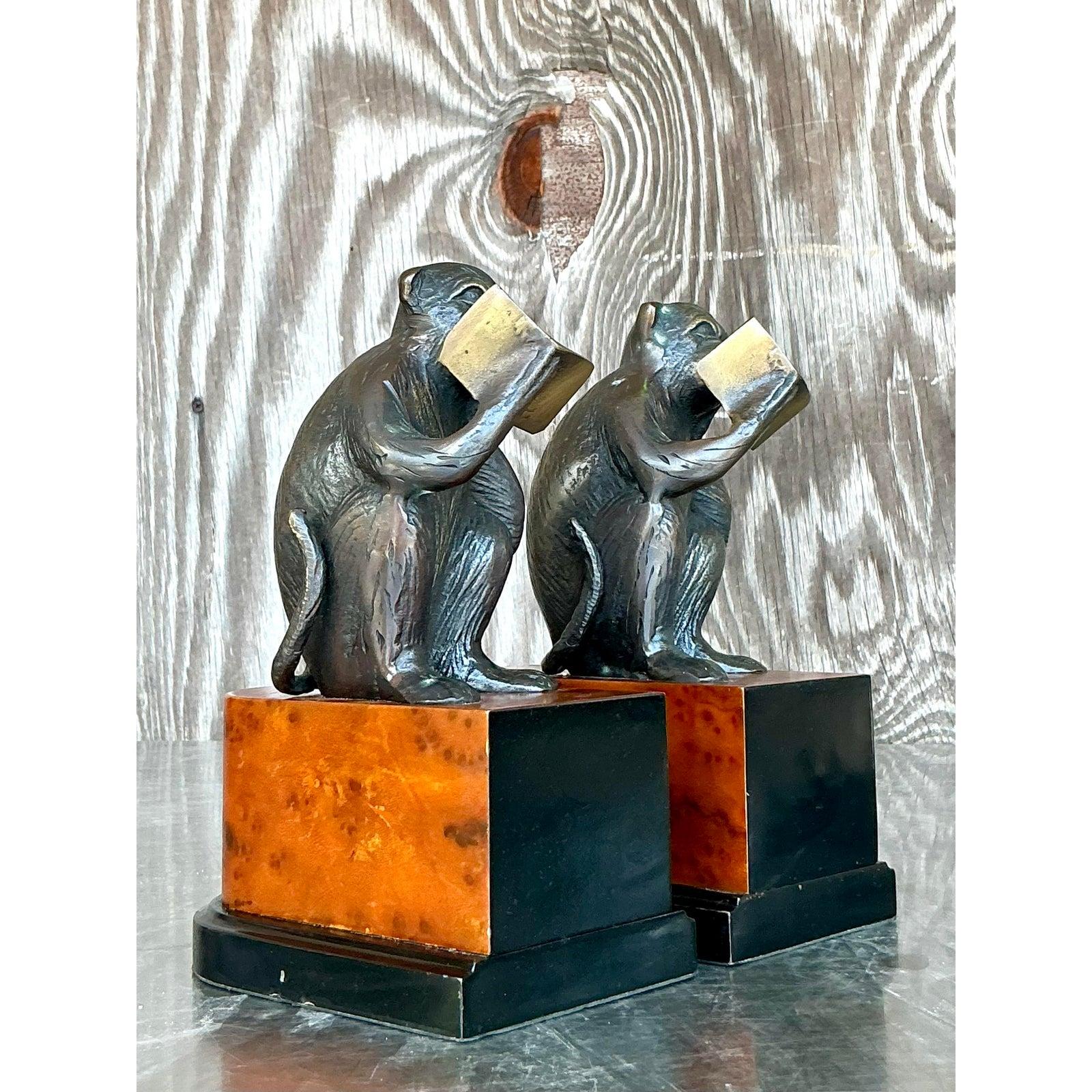 Art Déco Fermalibri scimmia patinato vintage Boho - Una coppia in vendita