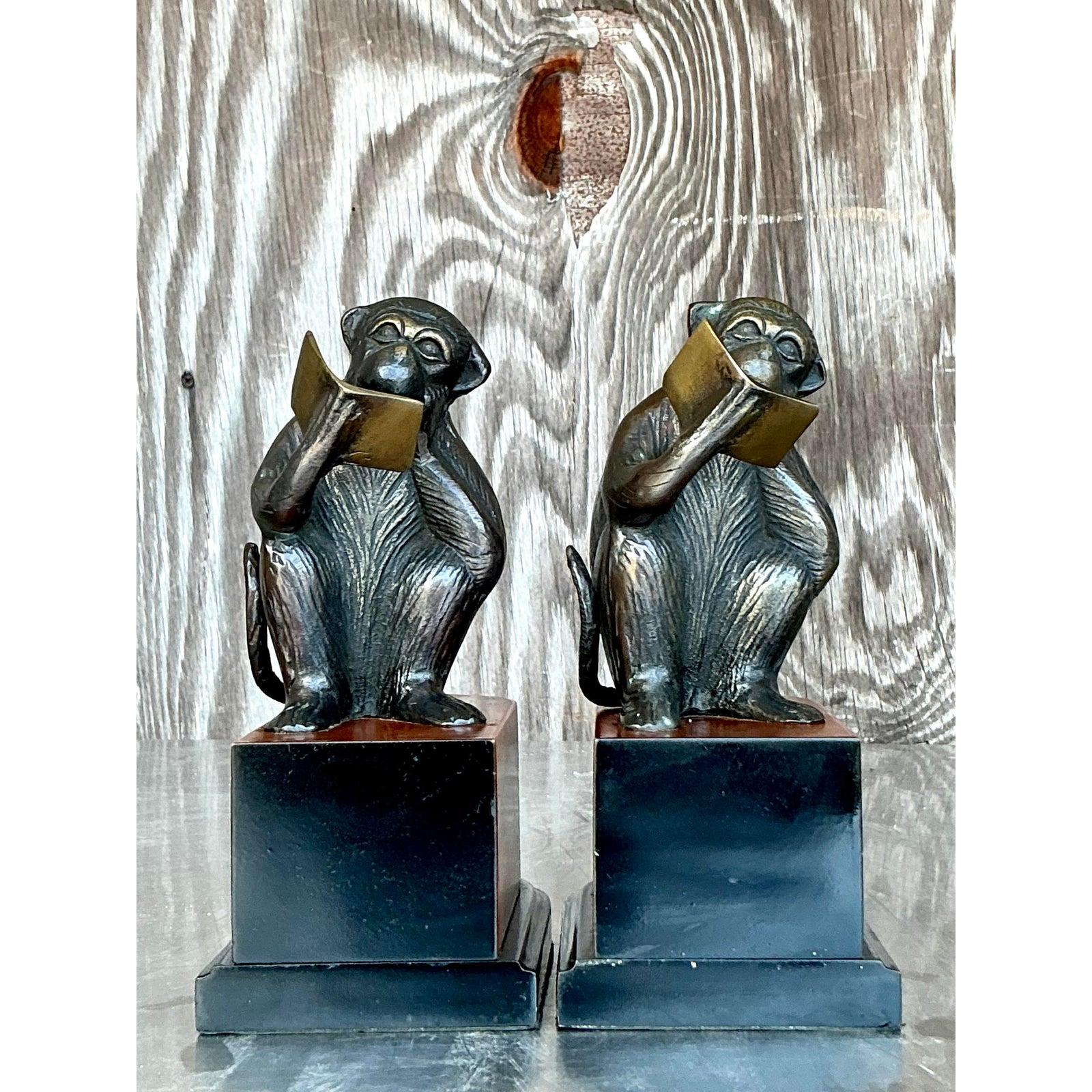 Americano Fermalibri scimmia patinato vintage Boho - Una coppia in vendita