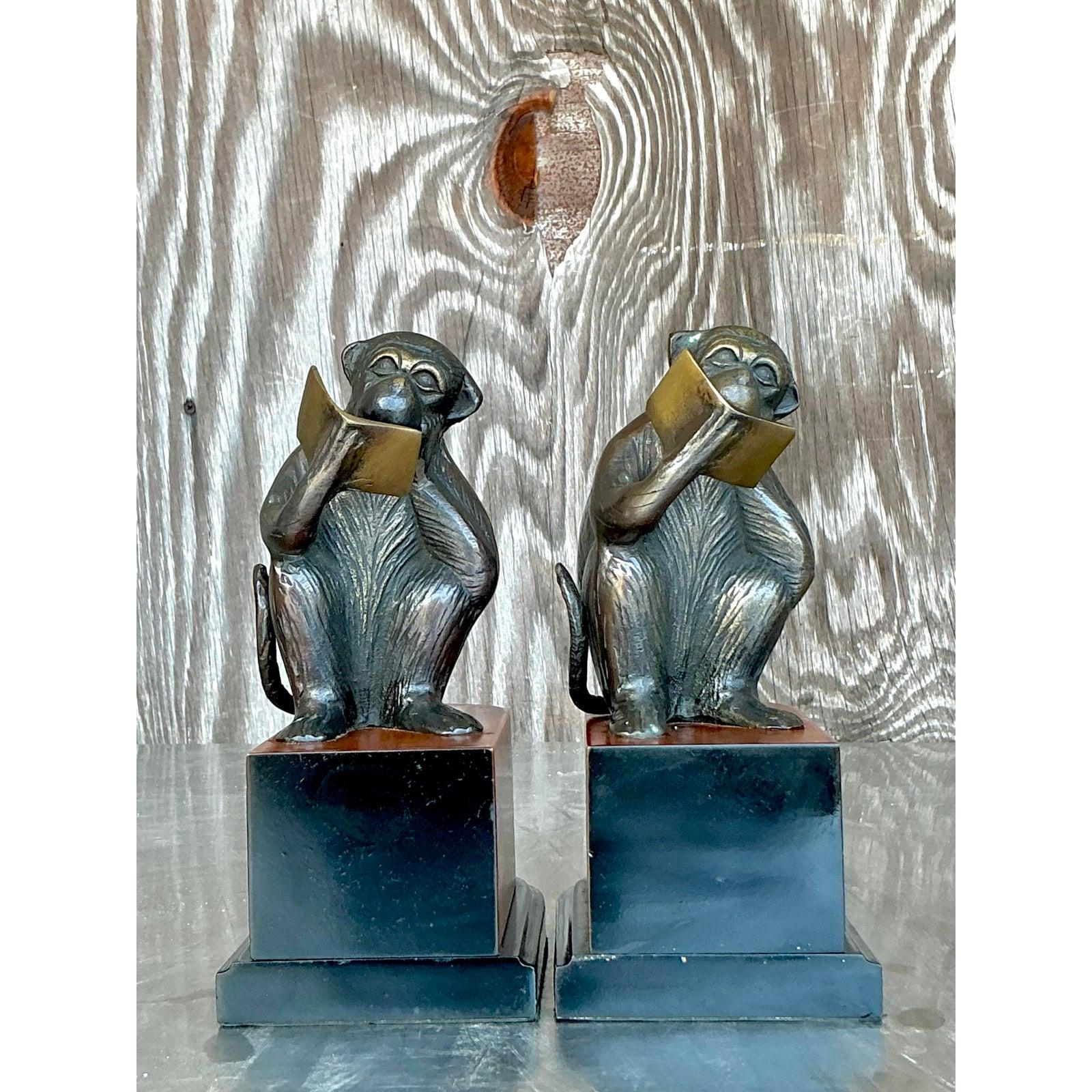 Metallo Fermalibri scimmia patinato vintage Boho - Una coppia in vendita