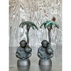 Vintage Boho Patinated Monkey Candlesticks - A Pair