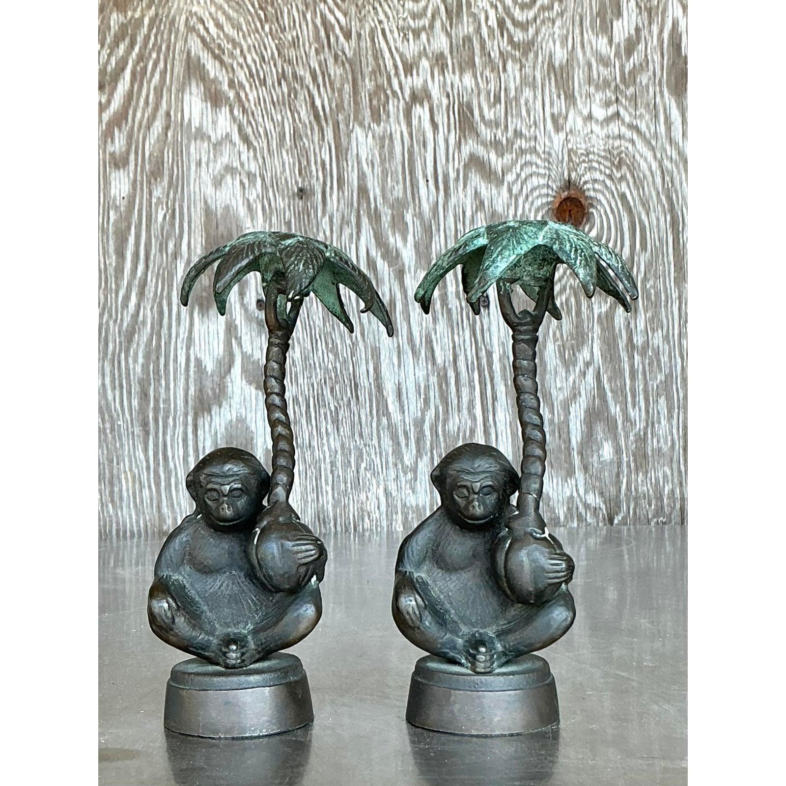 XX secolo Candelieri a forma di scimmia patinati Boho d'epoca - Una coppia in vendita