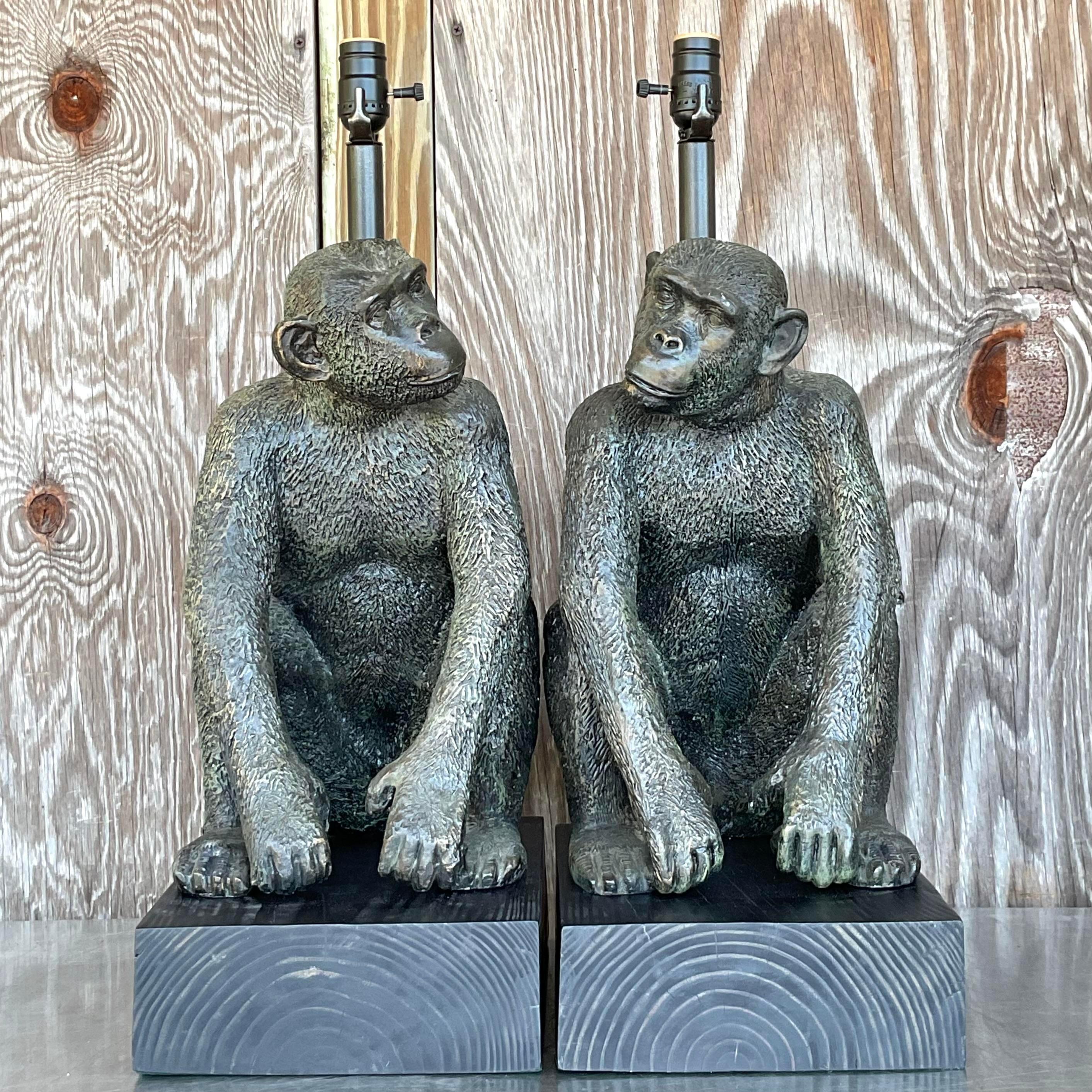 Vintage Boho Patinated Monkey Table Lamps - a Pair For Sale 4