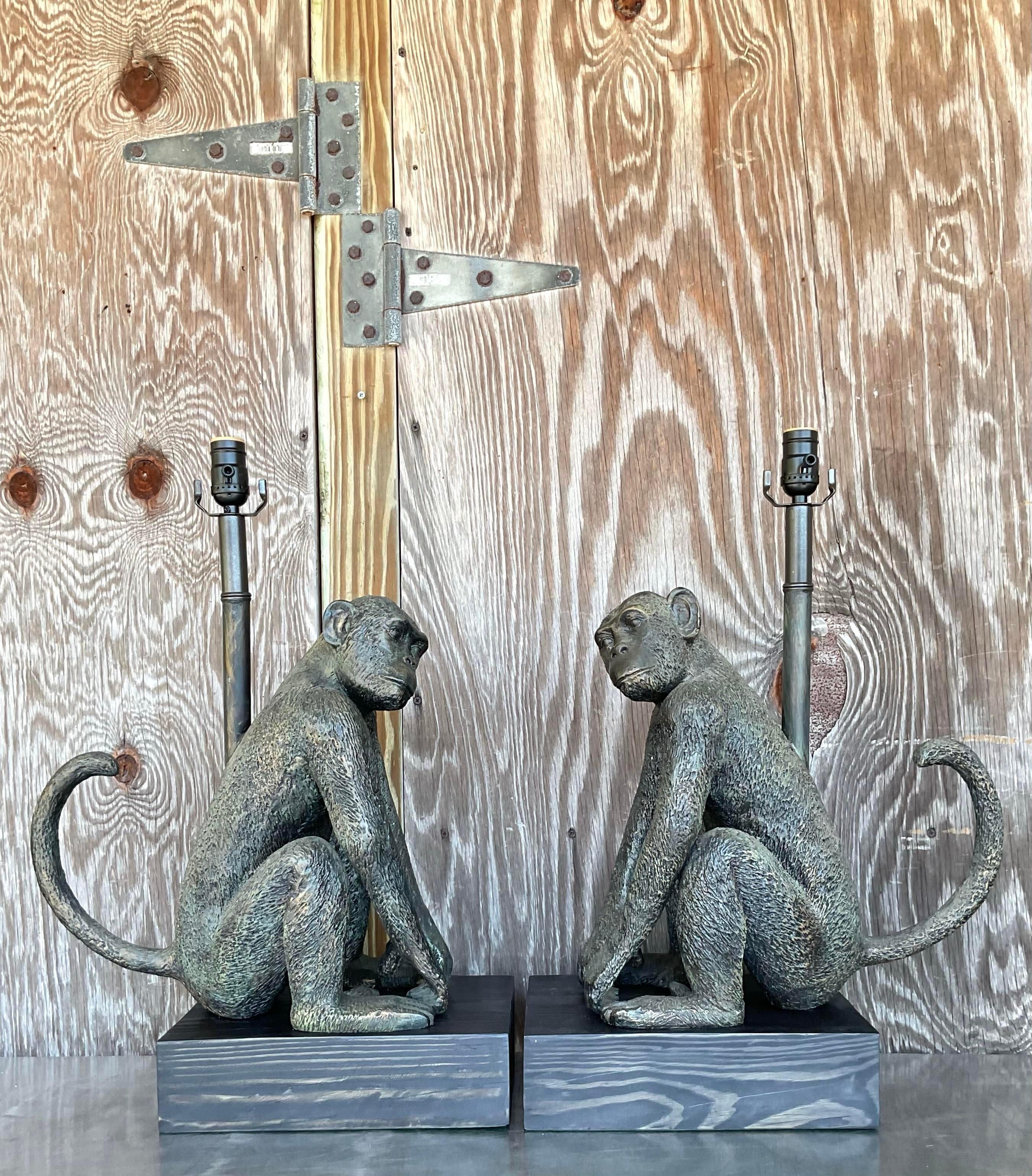 American Vintage Boho Patinated Monkey Table Lamps - a Pair For Sale