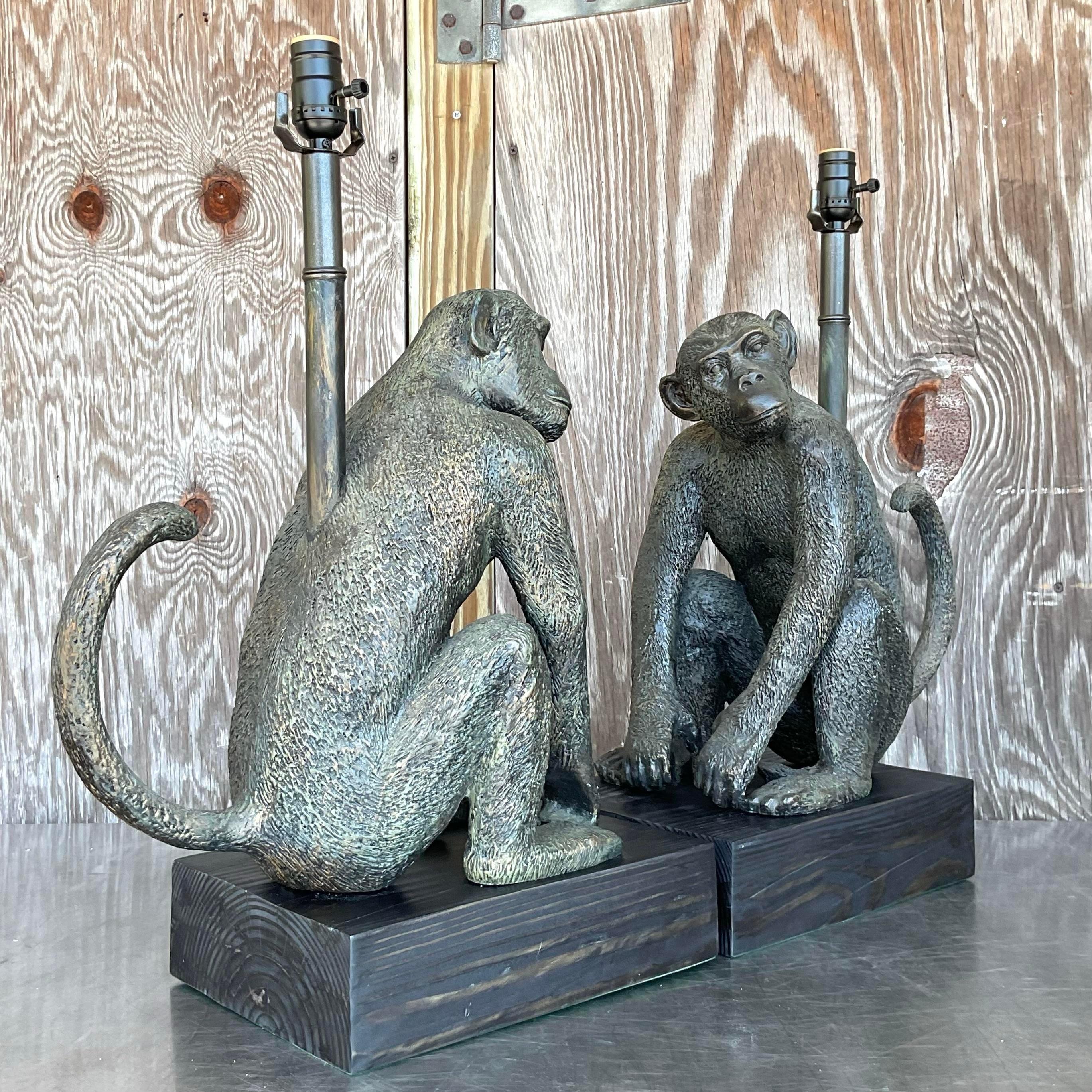 Vintage Boho Patinated Monkey Table Lamps - a Pair In Good Condition For Sale In west palm beach, FL