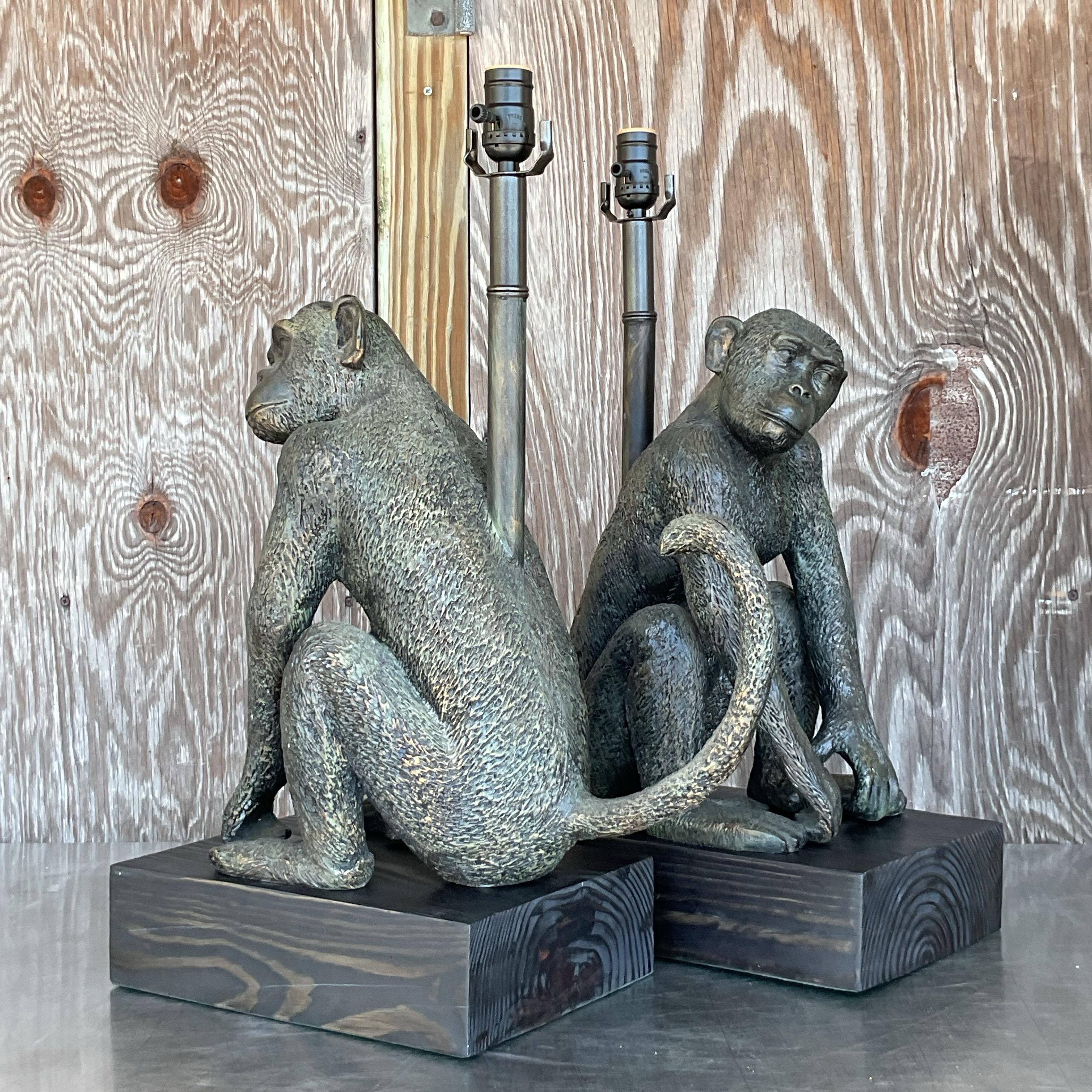 Metal Vintage Boho Patinated Monkey Table Lamps - a Pair For Sale