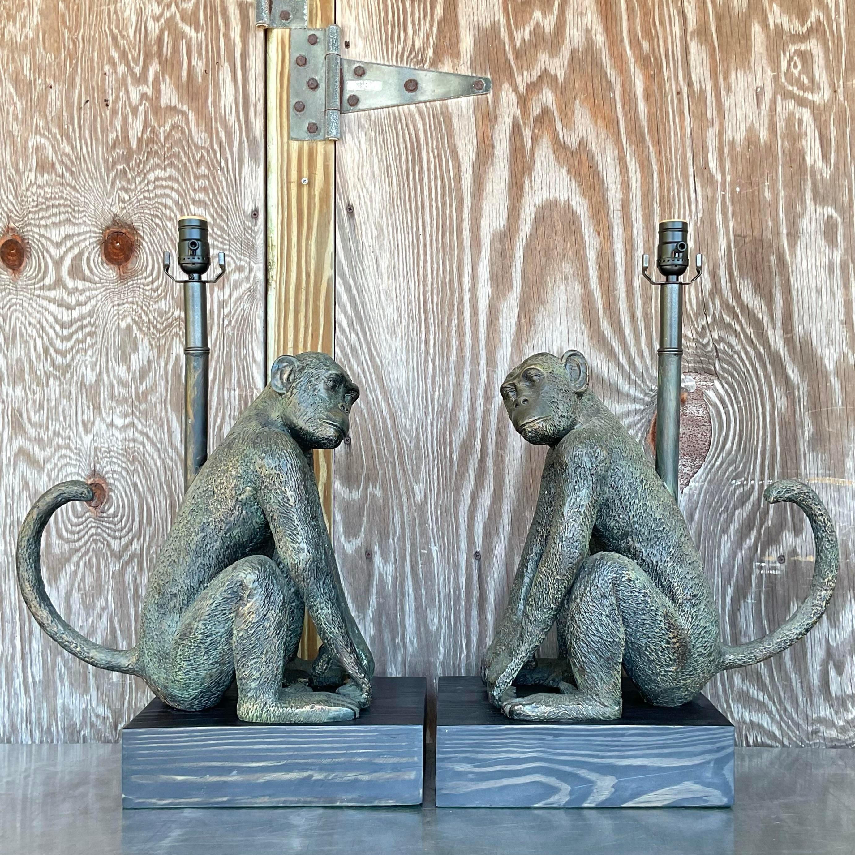 Vintage Boho Patinated Monkey Table Lamps - a Pair For Sale 1