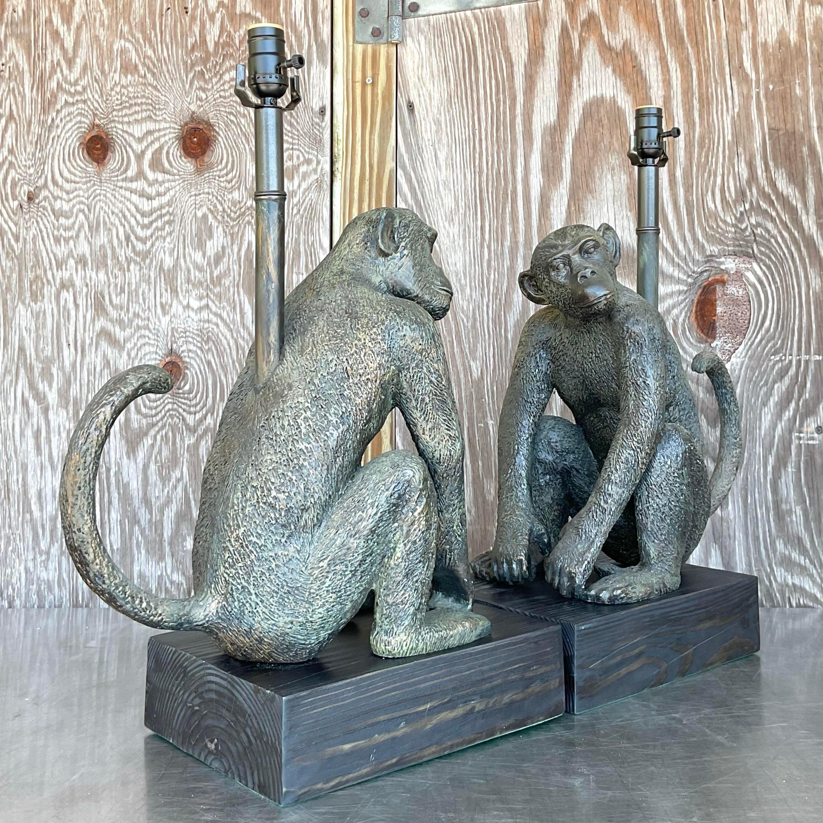 Vintage Boho Patinated Monkey Table Lamps - a Pair For Sale 2