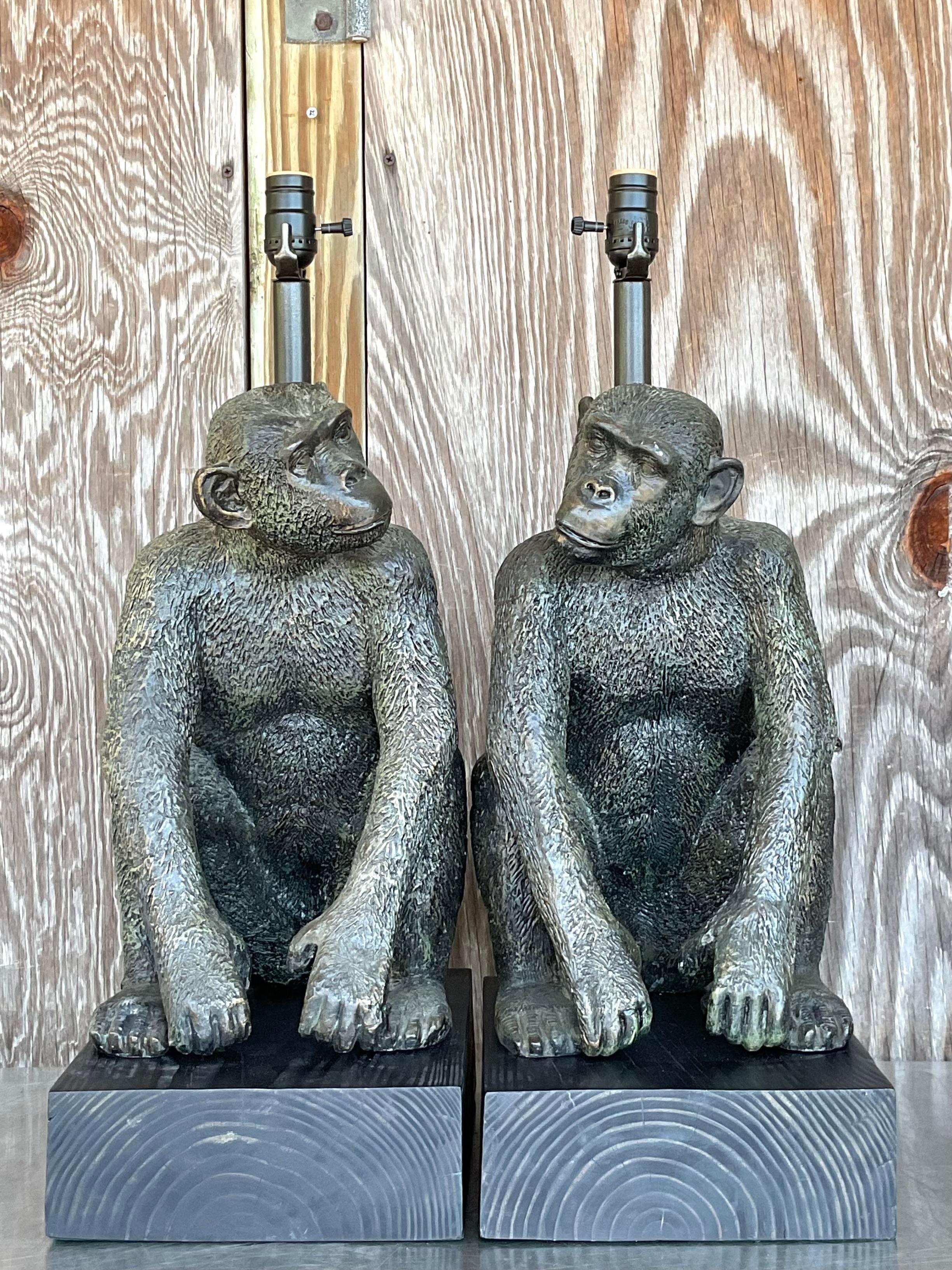 Vintage Boho Patinated Monkey Table Lamps - a Pair For Sale 3