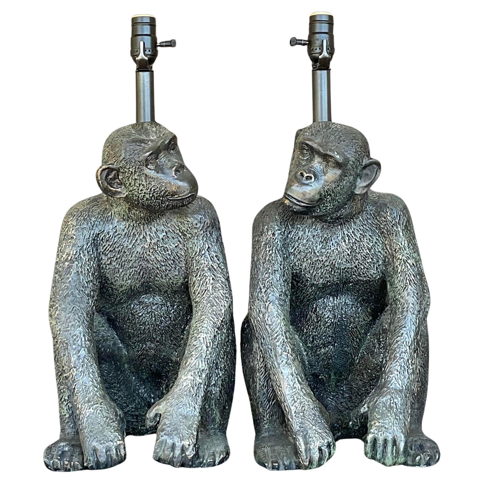 Vintage Boho Patinated Monkey Table Lamps - a Pair