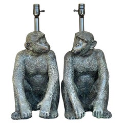 Retro Boho Patinated Monkey Table Lamps - a Pair