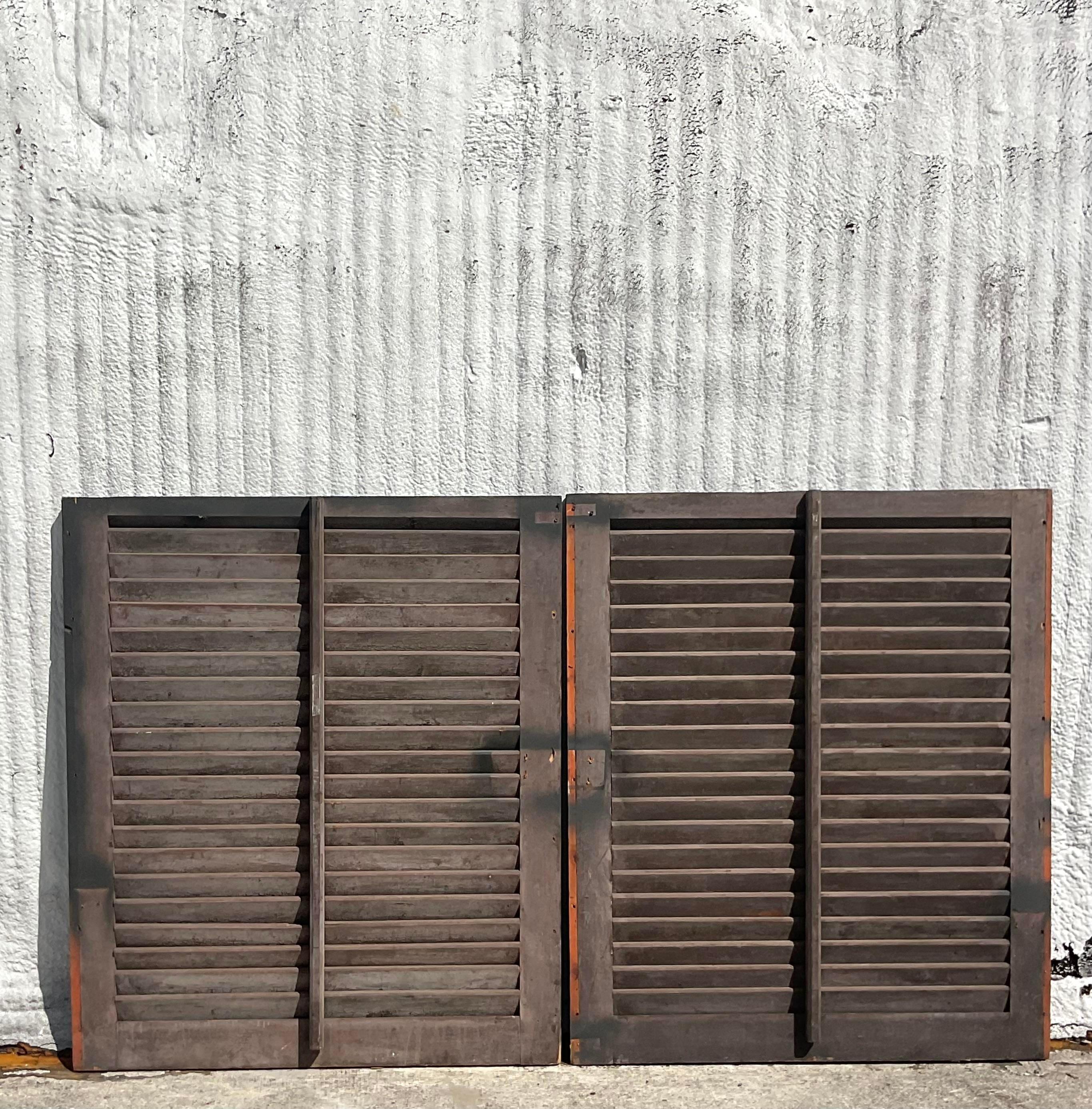 Mid-Century Modern Vintage Boho Patinated Plantation Shutters - a Pair For Sale