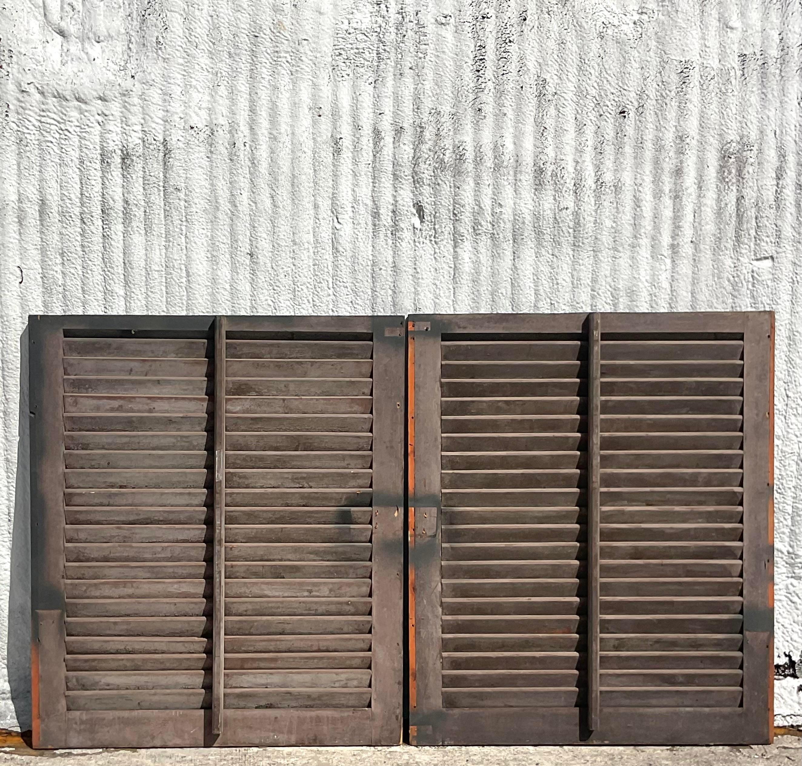 Vintage Boho Patinated Plantation Shutters - a Pair In Good Condition For Sale In west palm beach, FL