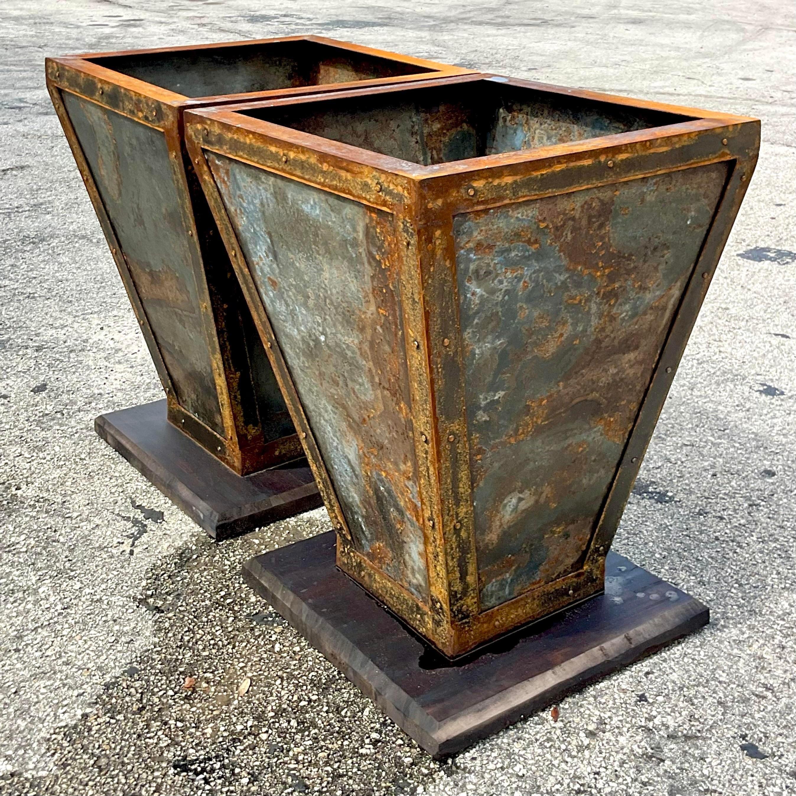 American Vintage Boho Patinated Planters on Wooden Plinths - a Pair