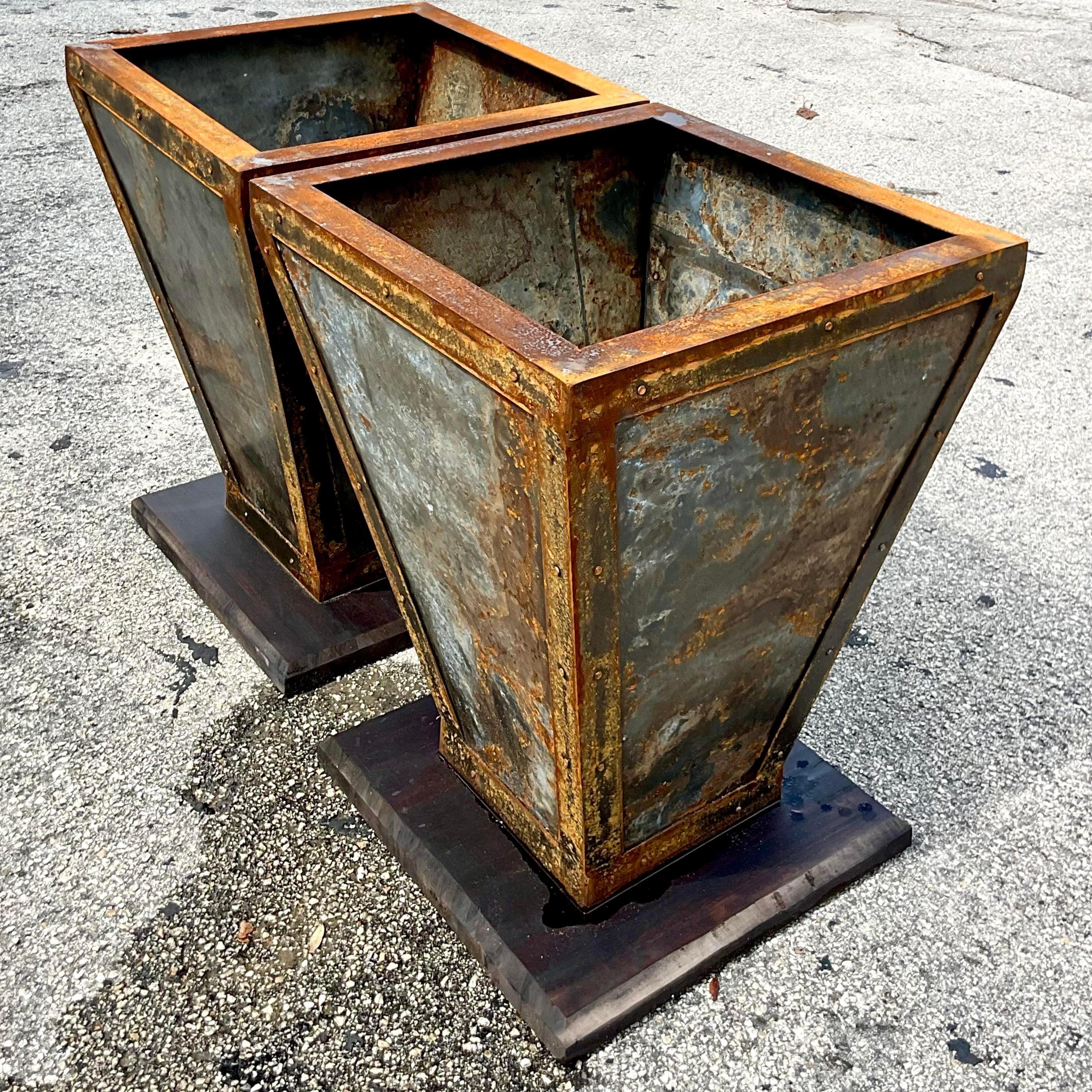 Metal Vintage Boho Patinated Planters on Wooden Plinths - a Pair
