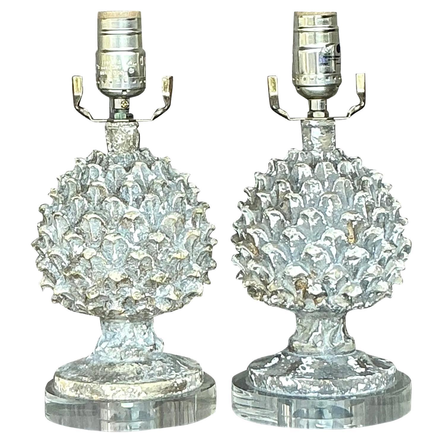 Vintage Boho Patinated Plaster Artichoke Lamps - A Pair