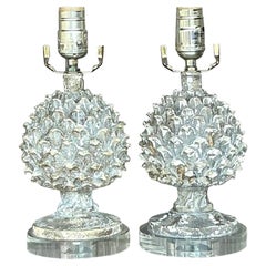 Vintage Boho Patinated Plaster Artichoke Lamps - A Pair
