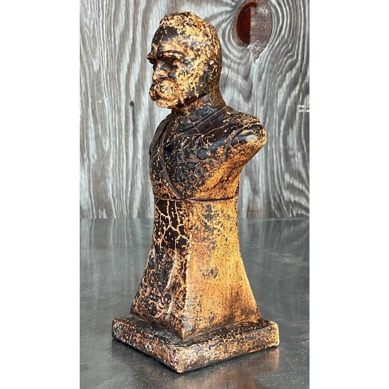 A fabulous vintage Boho bust of man. A handsome mustachioed gentleman with an all over crackled patina. Acquired from a Palm Beach estate.