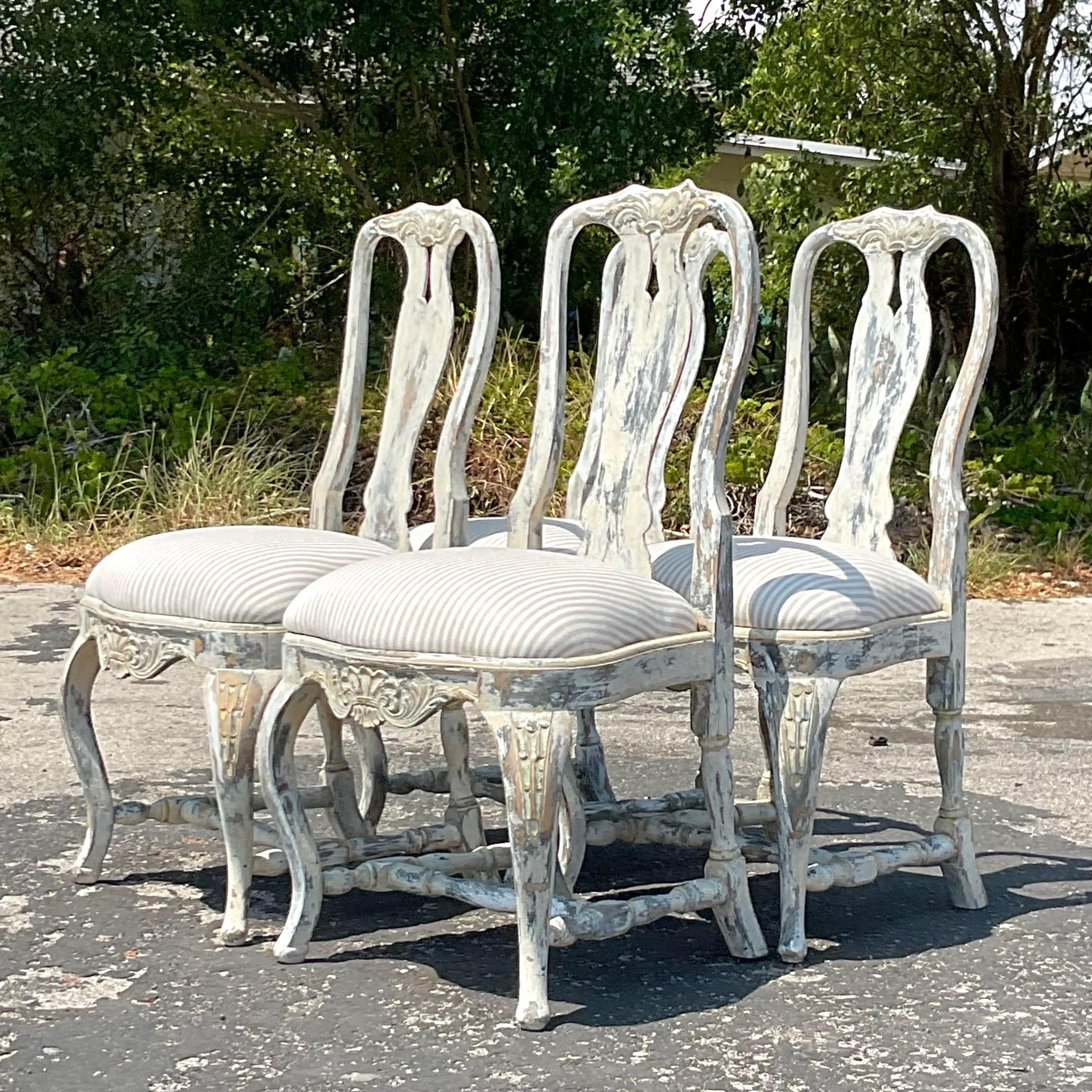 Vintage Boho Patinated Queen Ann Dining Chairs - Set of 4 In Good Condition For Sale In west palm beach, FL