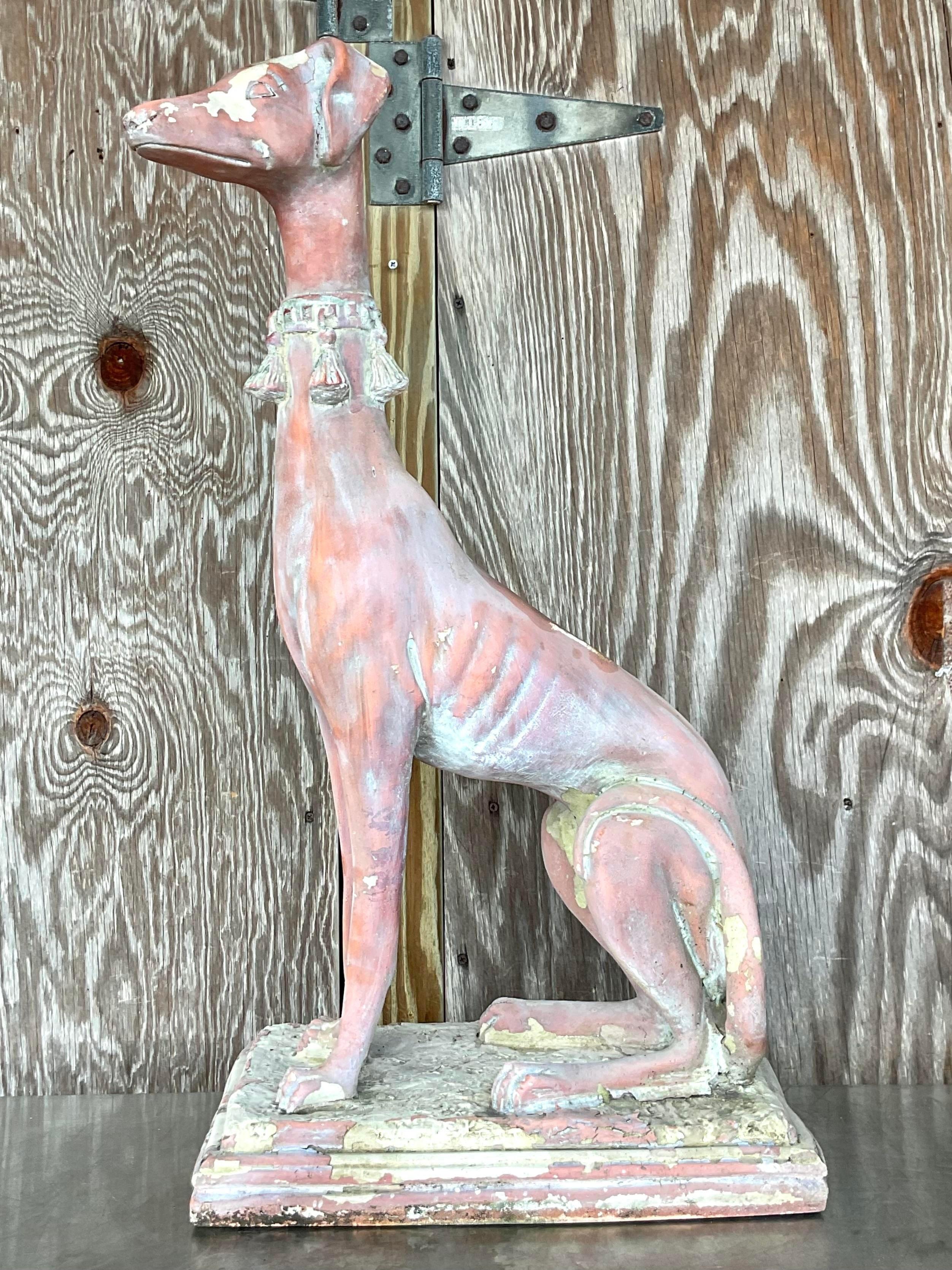 American Vintage Boho Patinated Resin Greyhound Statue For Sale
