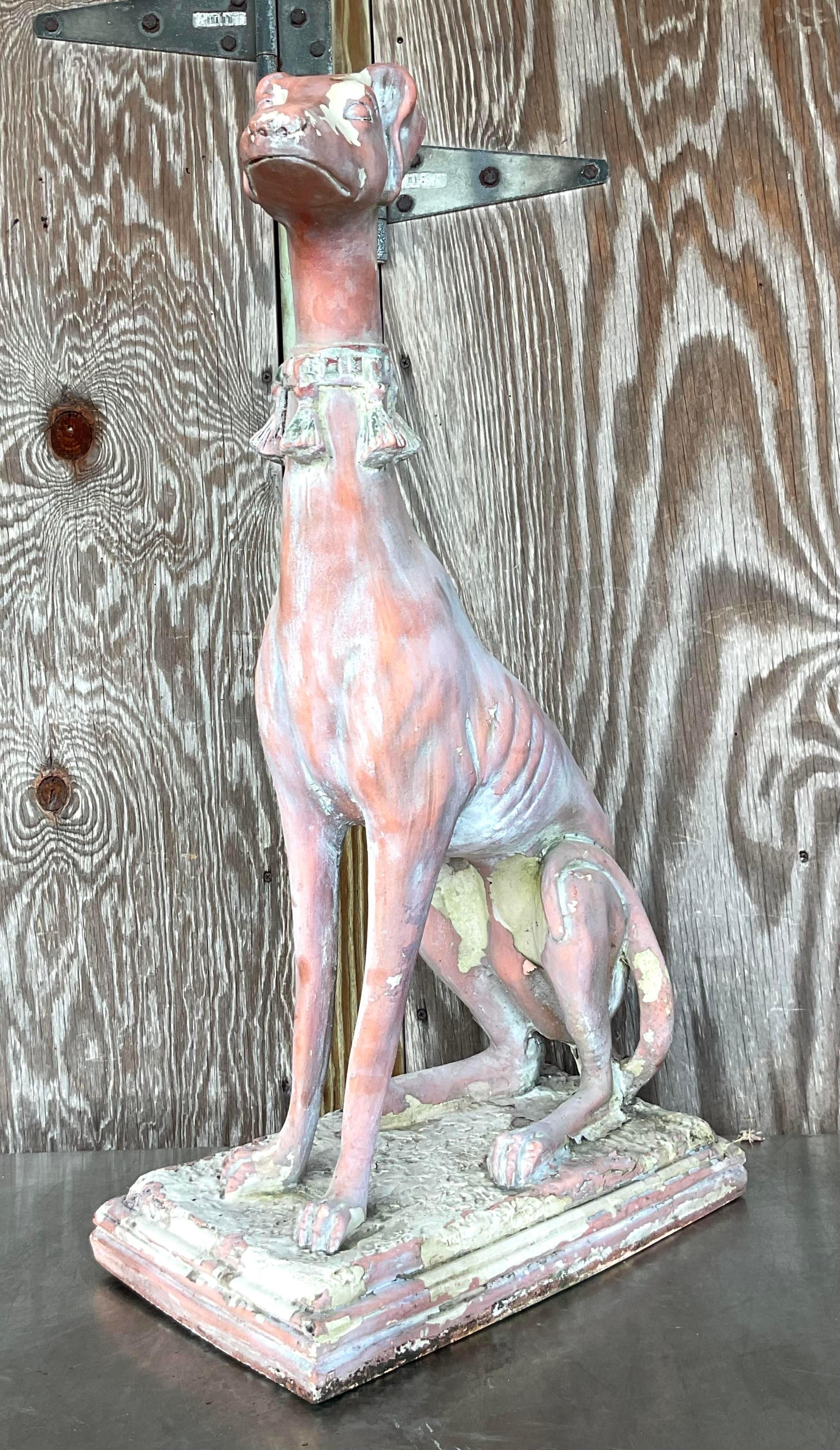 Vintage Boho Patinated Resin Greyhound Statue In Good Condition For Sale In west palm beach, FL