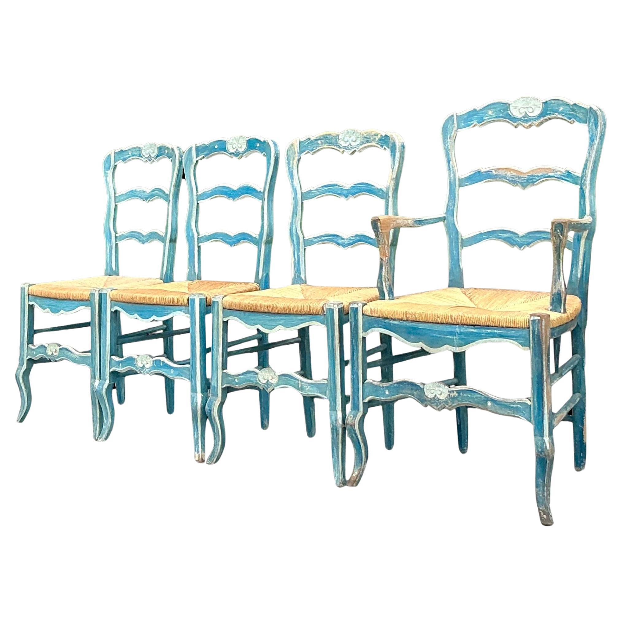 Vintage Boho Patinated Rush Seat Dining Chairs - Set of 4