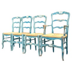 Vintage Boho Patinated Rush Seat Dining Chairs - Set of 4