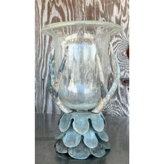 Vintage Boho Patinated Scalloped Wooden Antler Hurricane