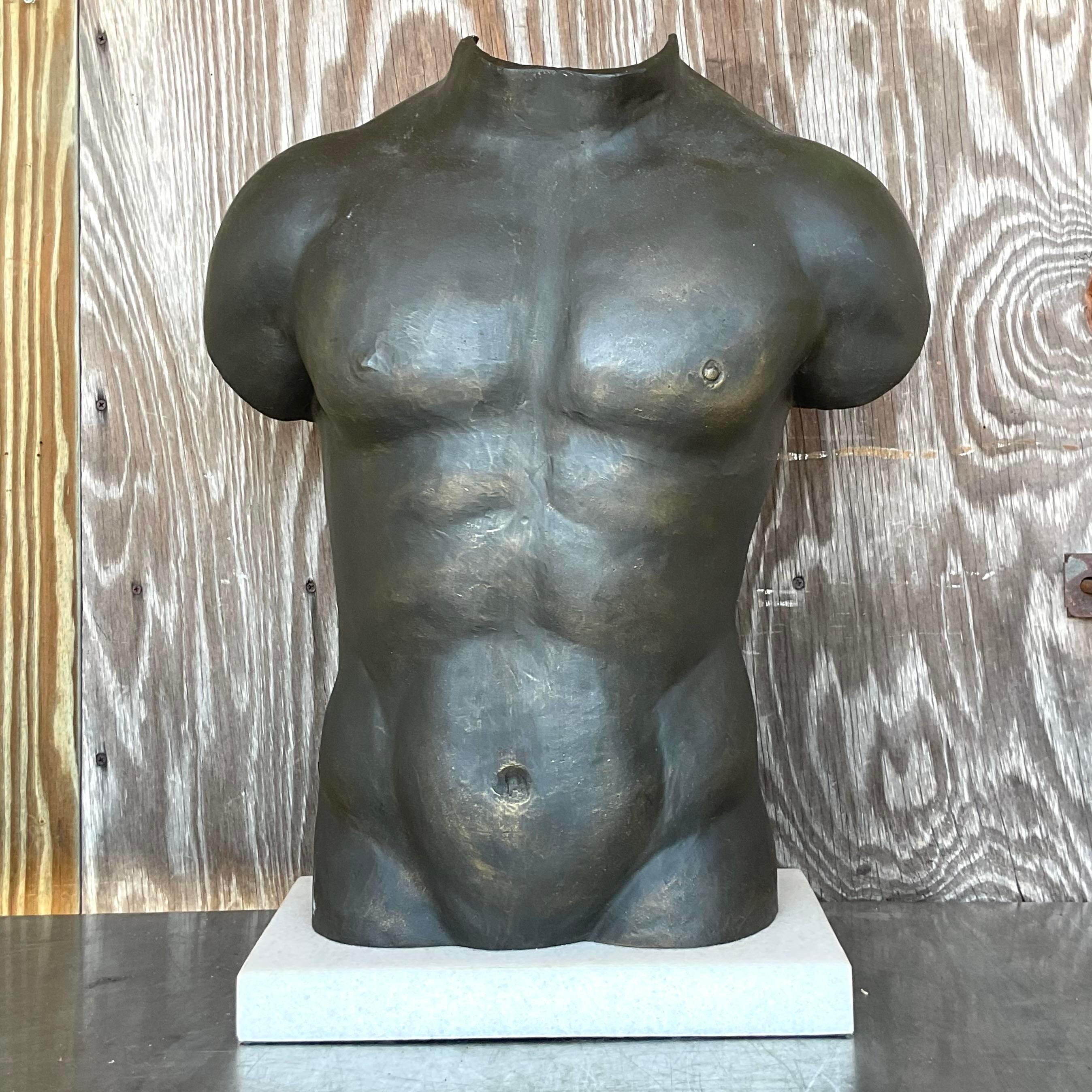 Mid-Century Modern Vintage Boho Patinated Sculpture of a Male Torso For Sale