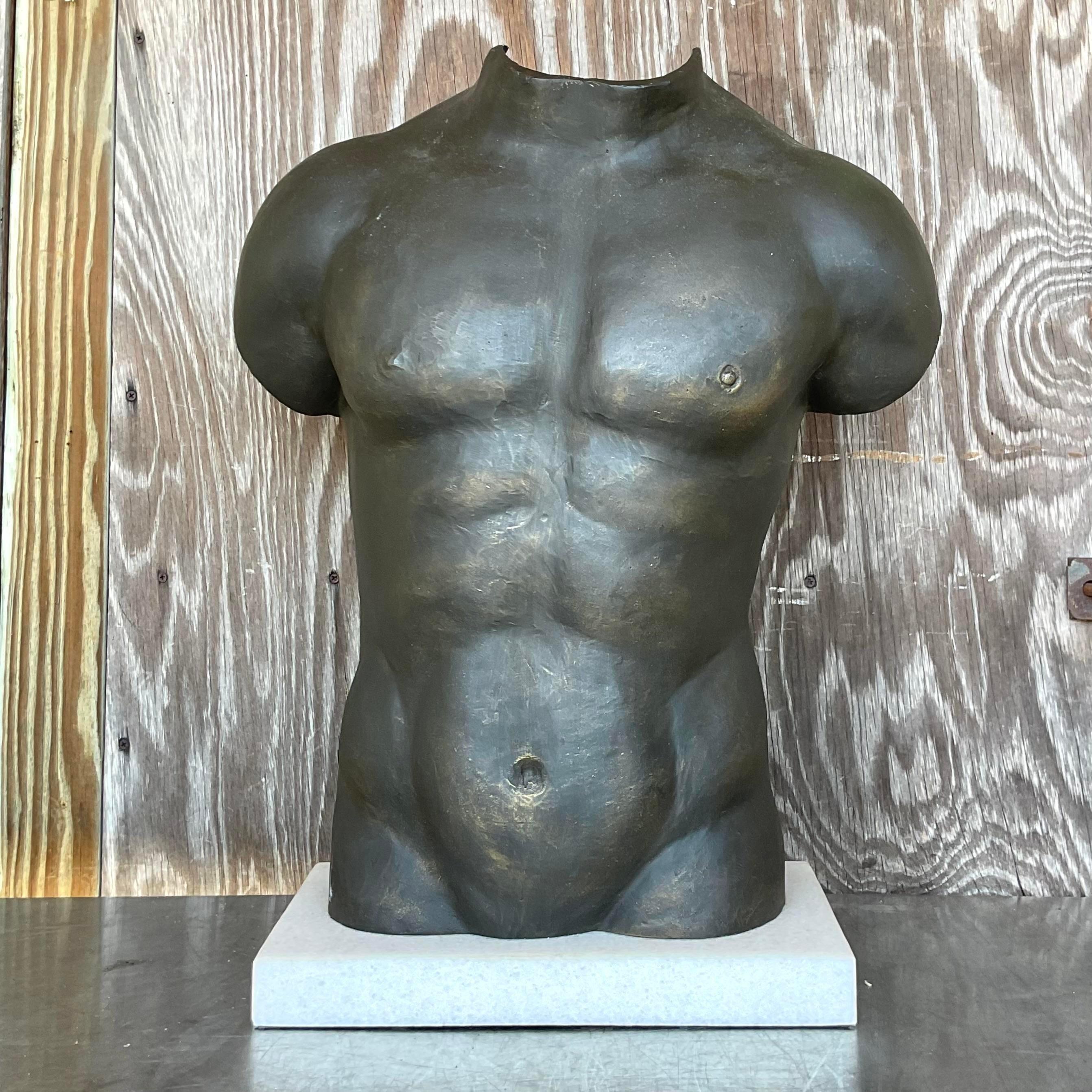 Vintage Boho Patinated Sculpture of a Male Torso In Good Condition For Sale In west palm beach, FL