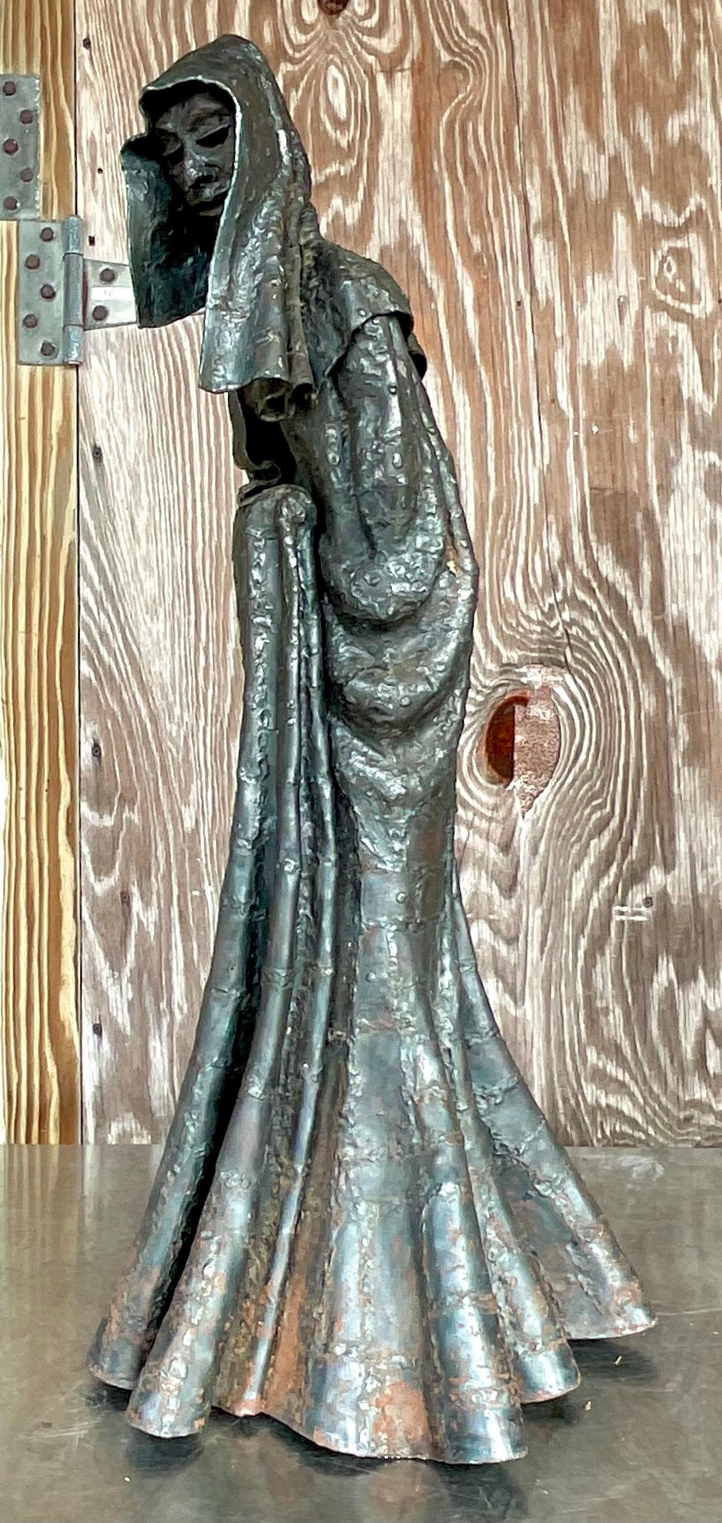Vintage Boho Patinated Steel Sculpture of Cloaked Woman For Sale 6