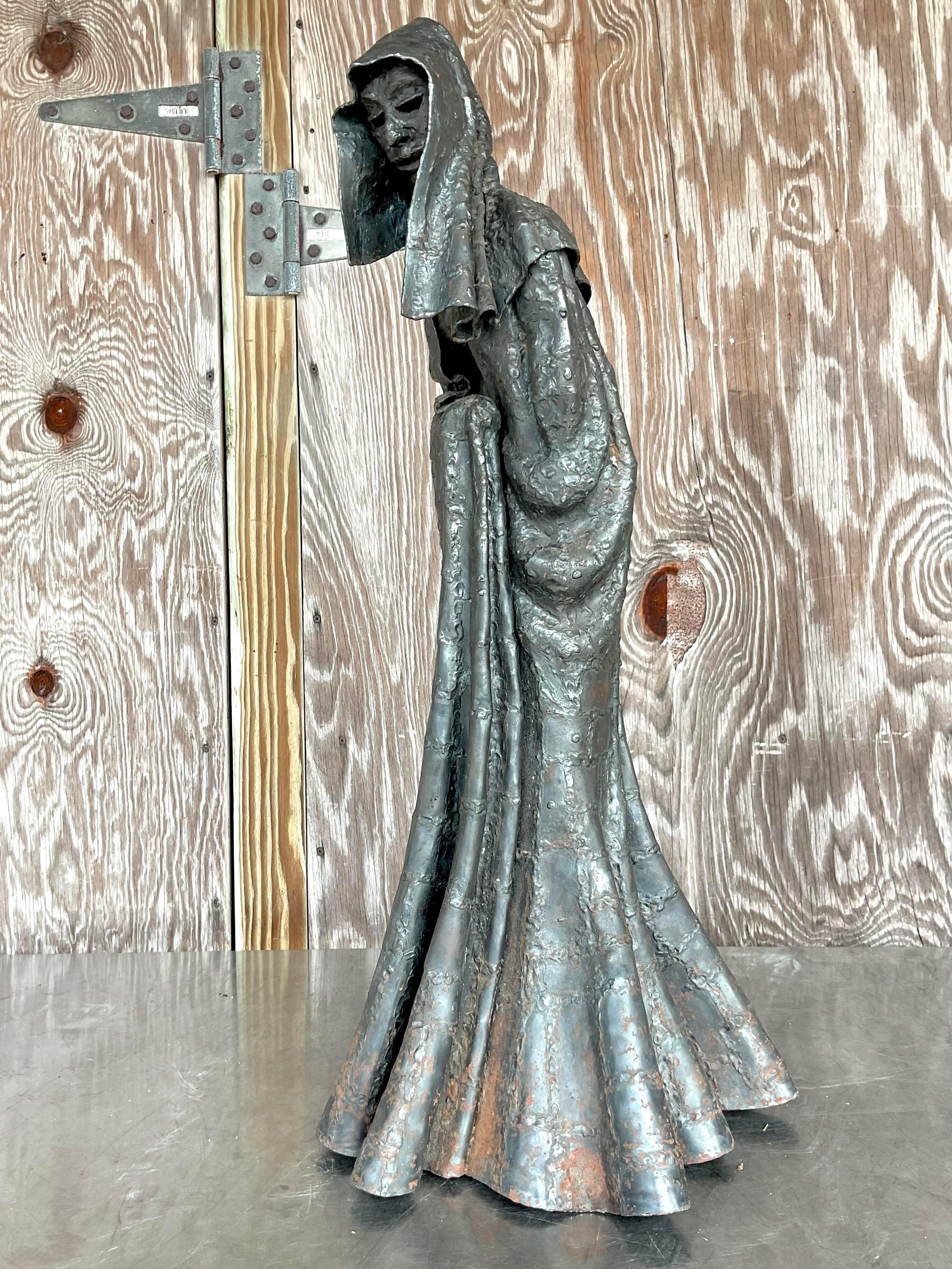 Bohemian Vintage Boho Patinated Steel Sculpture of Cloaked Woman For Sale
