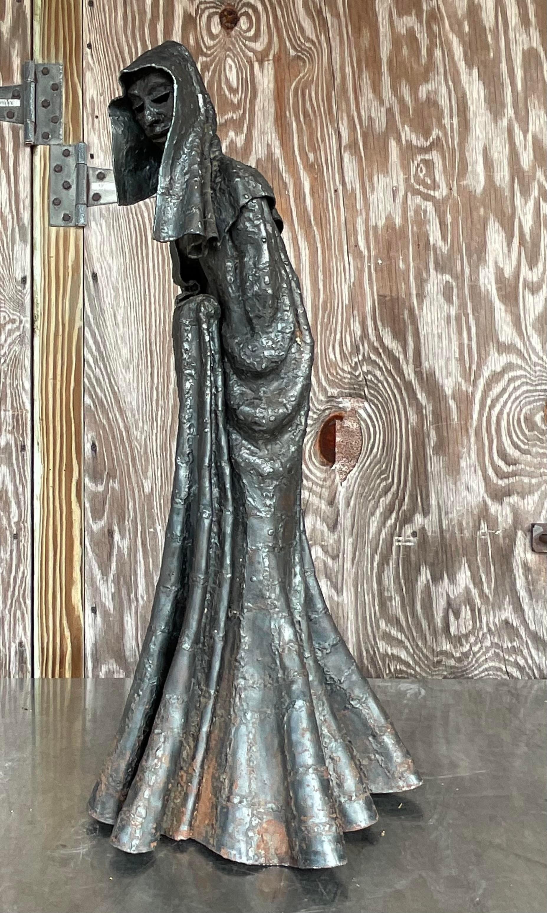 Vintage Boho Patinated Steel Sculpture of Cloaked Woman In Good Condition For Sale In west palm beach, FL
