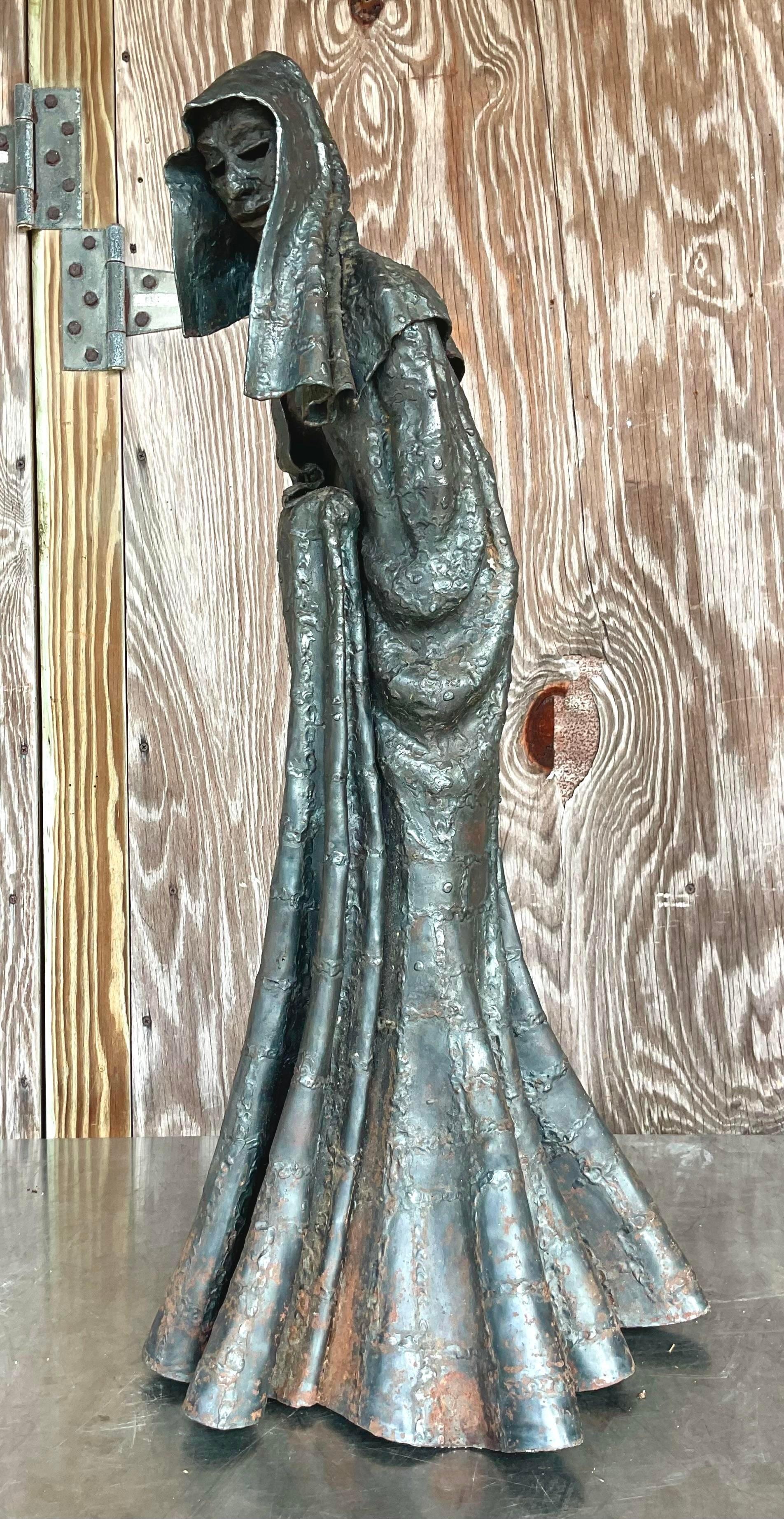 Vintage Boho Patinated Steel Sculpture of Cloaked Woman For Sale 2