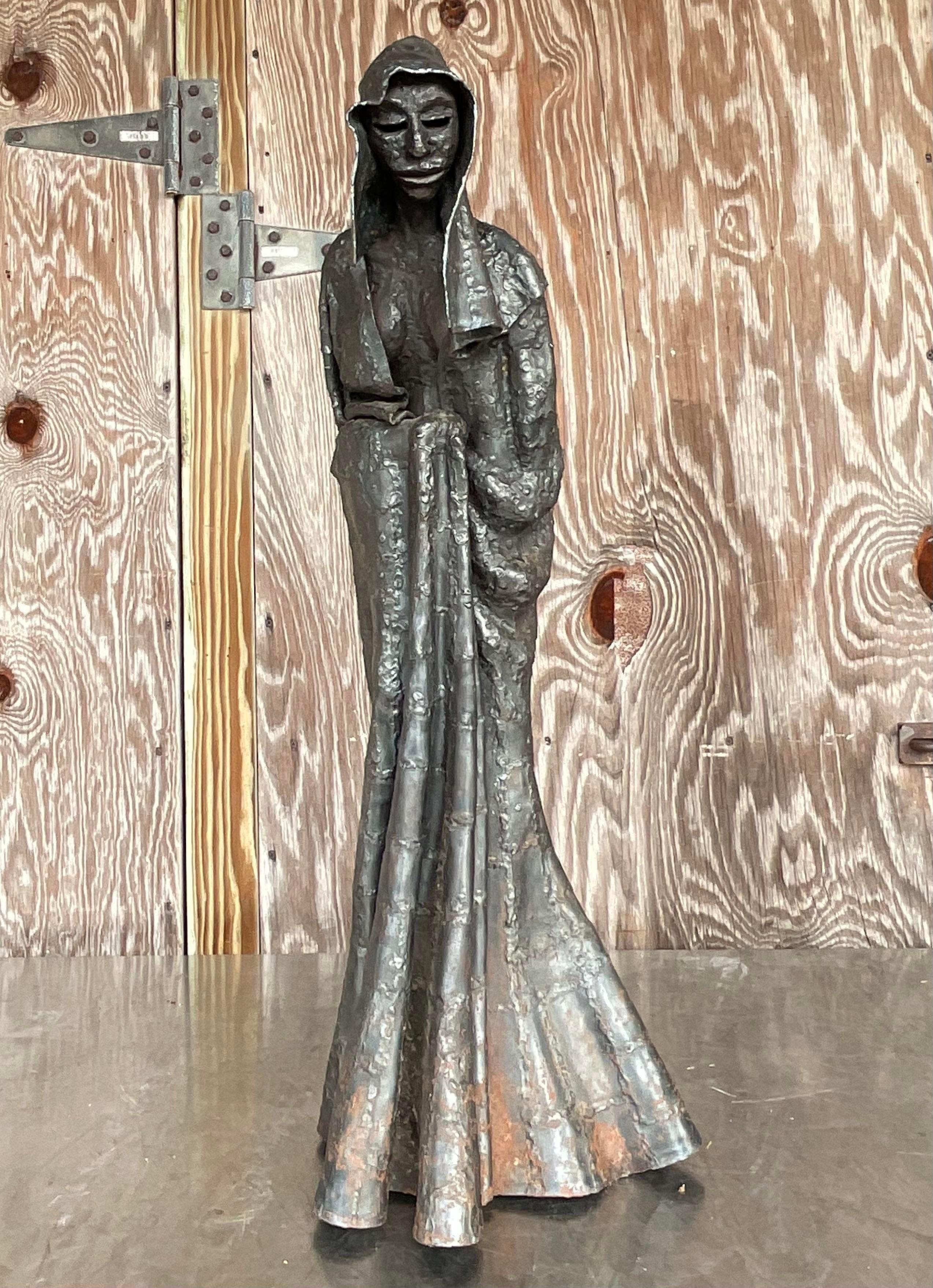 Vintage Boho Patinated Steel Sculpture of Cloaked Woman For Sale 3