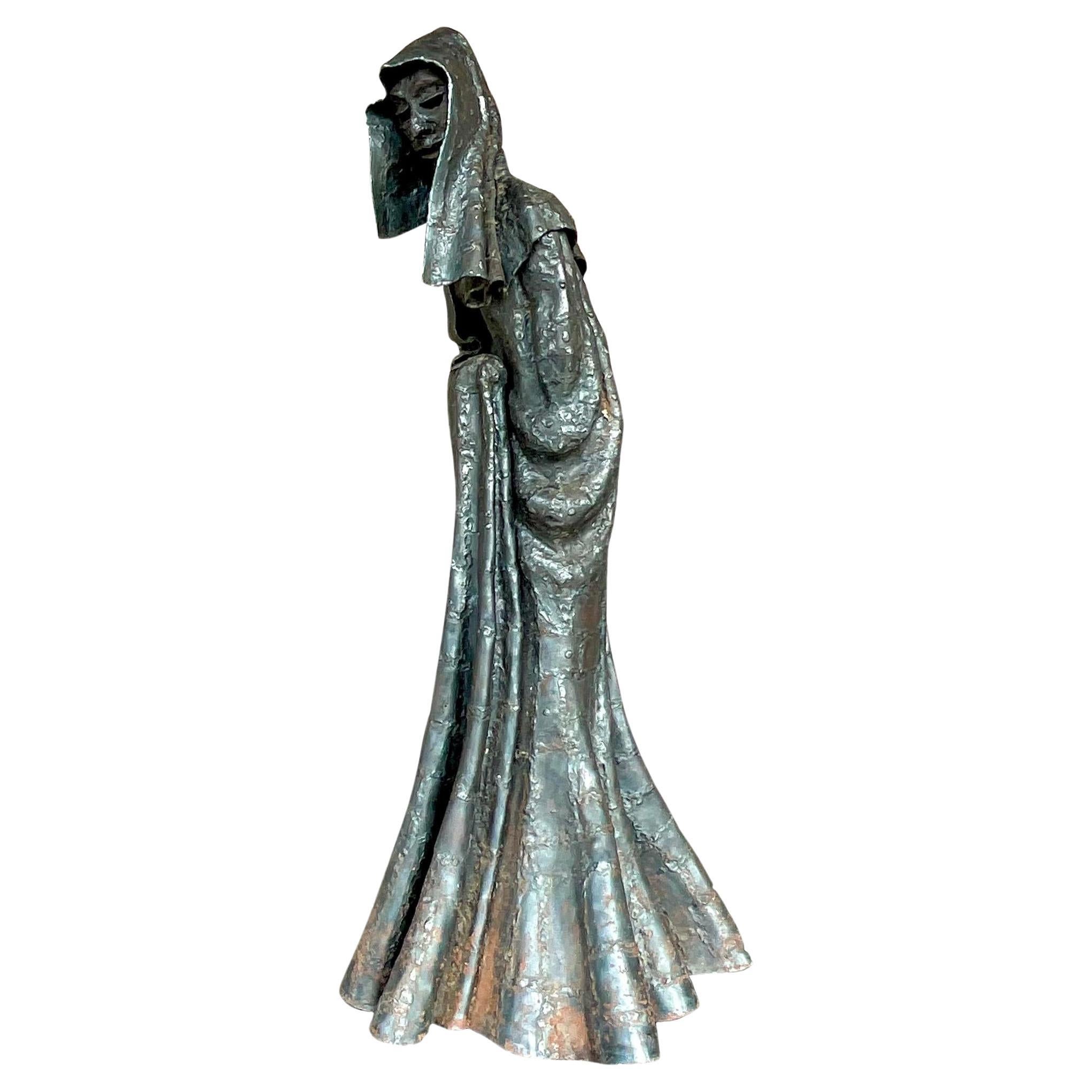 Vintage Boho Patinated Steel Sculpture of Cloaked Woman