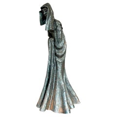 Retro Boho Patinated Steel Sculpture of Cloaked Woman