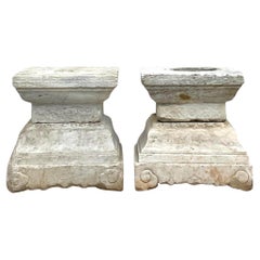 Vintage Boho Patinated Stone Carved Greek Key Pedestals. - a Pair